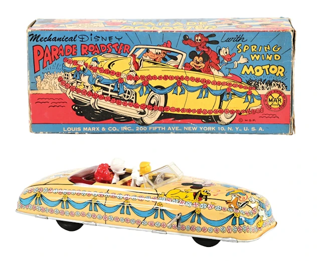 LOUIS MARX DISNEY MECHANICAL PARADE ROADSTER WITH SPRING WIND MOTOR & ORIG. BOX