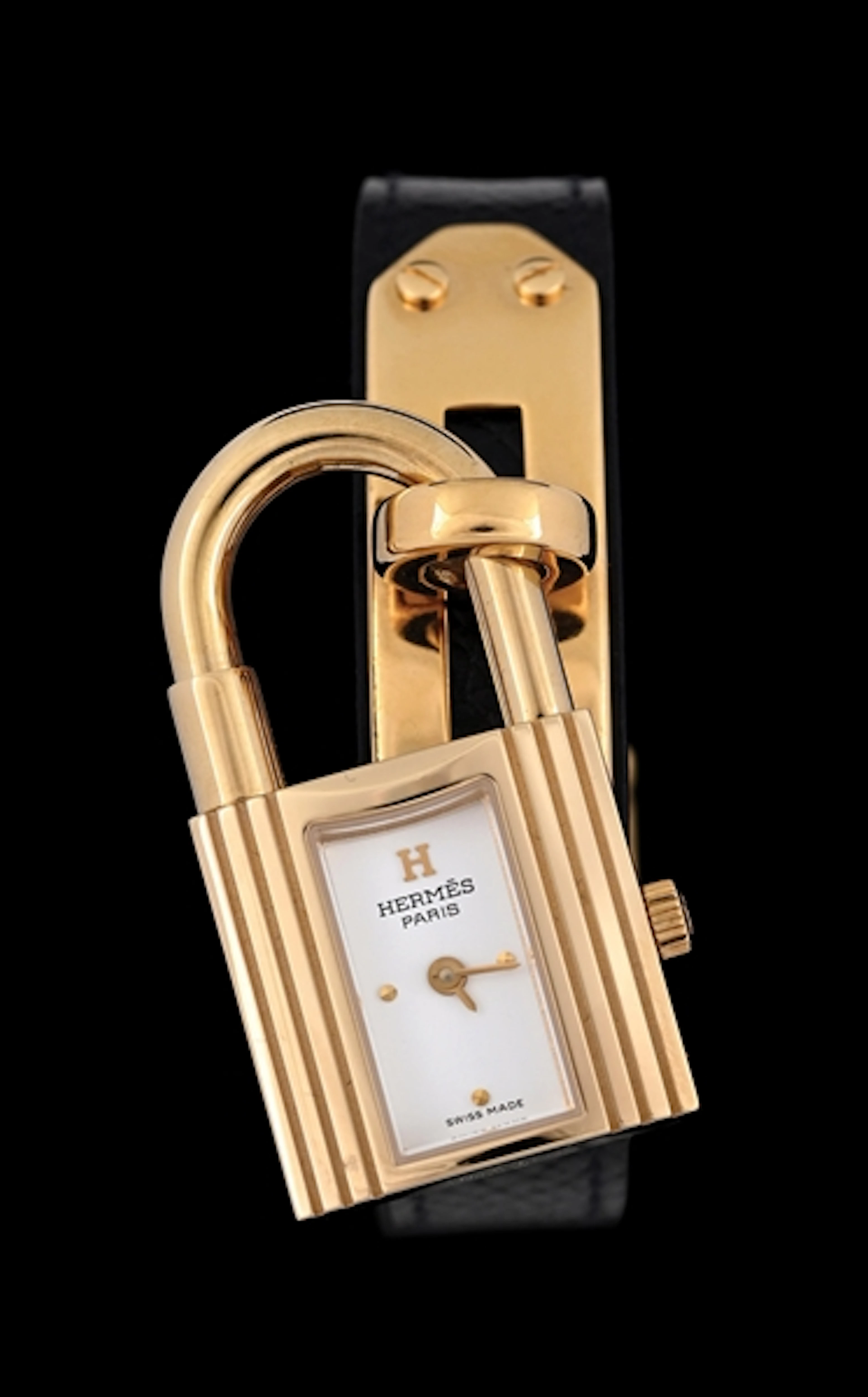 HERMES GOLD KELLY PADLOCK WATCH ON LEATHER W/BOX