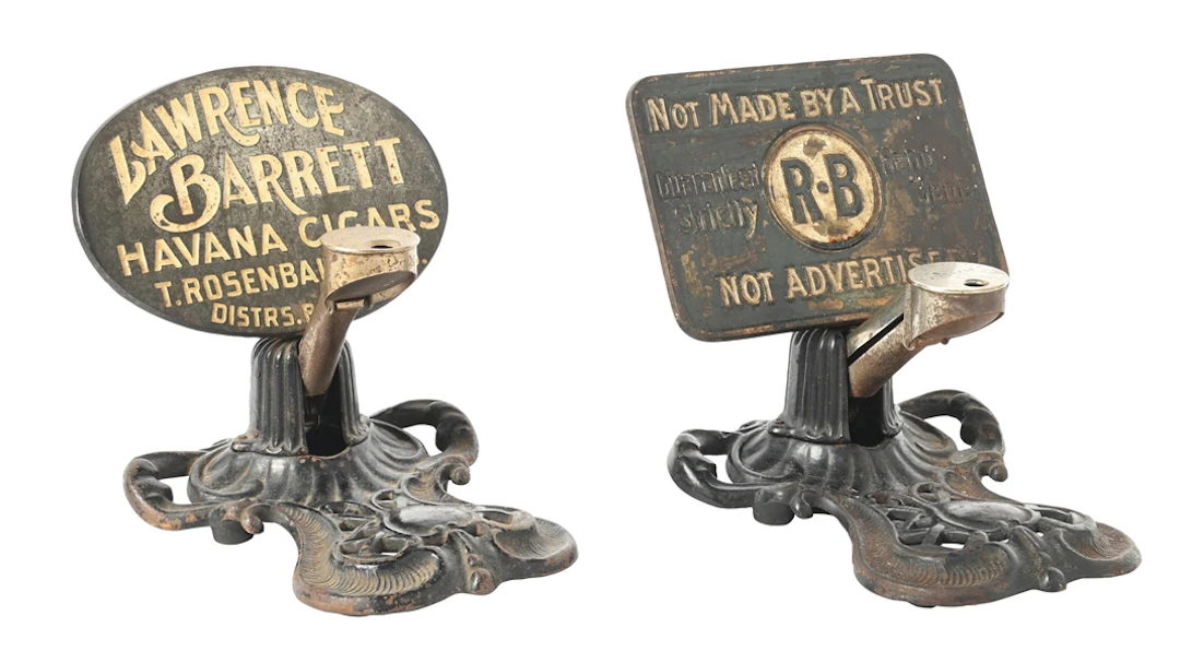 PAIR OF CAST IRON COMMERCIAL ADVERTISING CIGAR CUTTERS