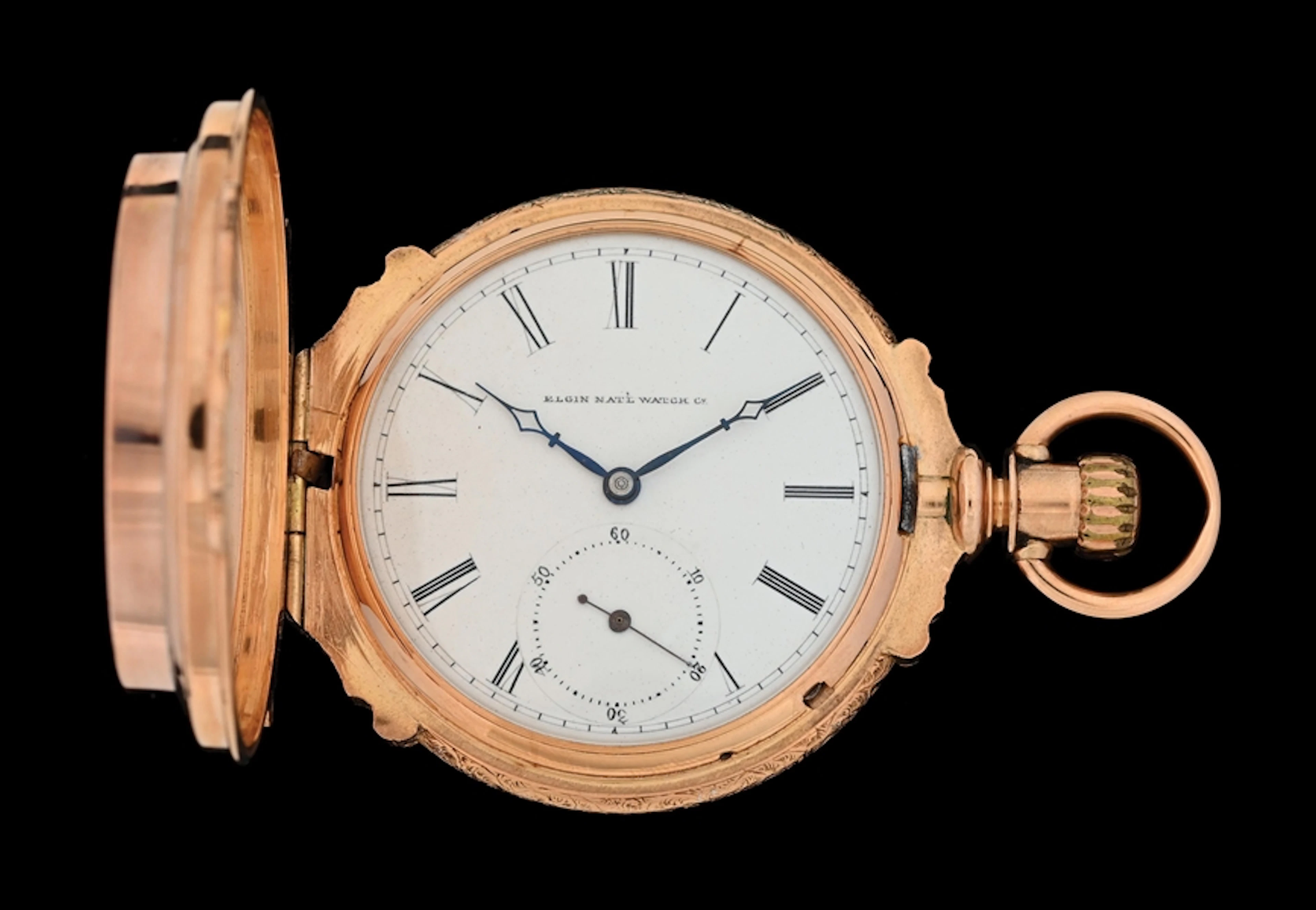 14K PINK GOLD ELGIN H/C BOX-HINGE POCKET WATCH W/GOLD-QUARTZ INLAY