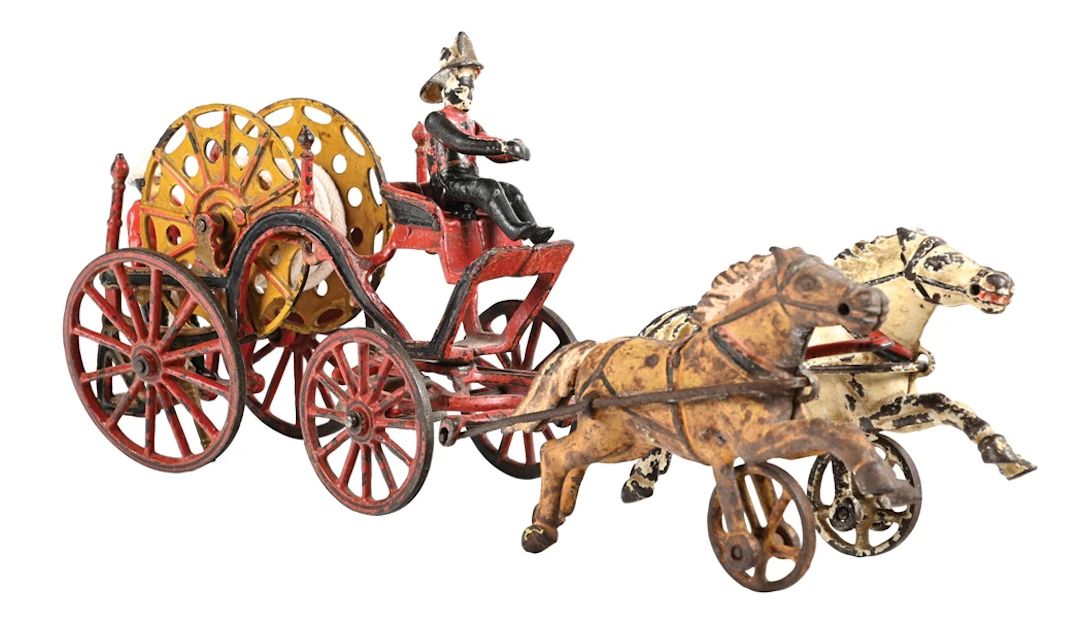 HARRIS TOY COMPANY, TOLEDO, OHIO. CAST-IRON HORSE-DRAWN FIRE HOSE REEL