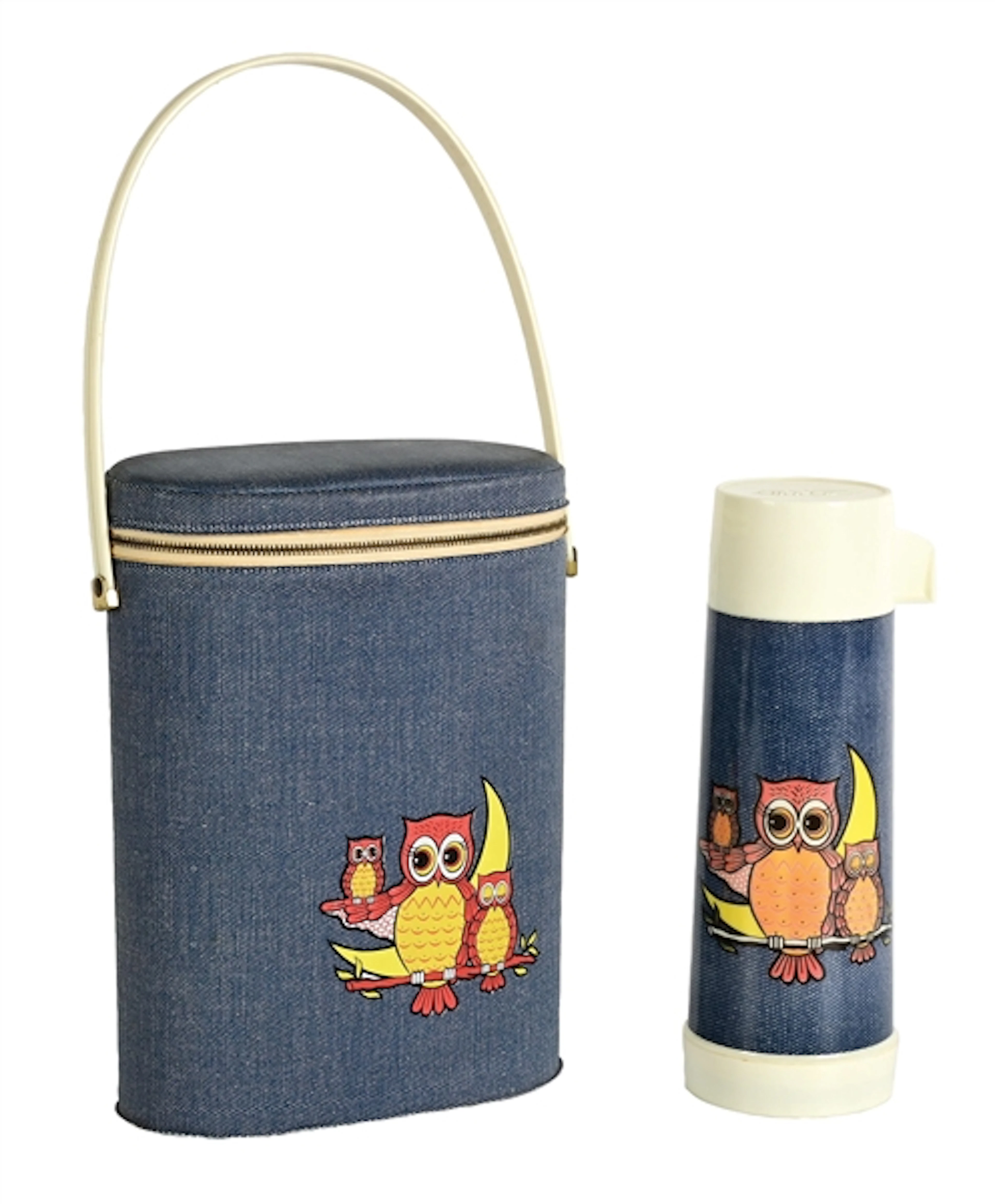 VINYL DENIM STYLE WITH OWLS GRAPHIC LUNCH/ BRUNCH BAG WITH THERMOS