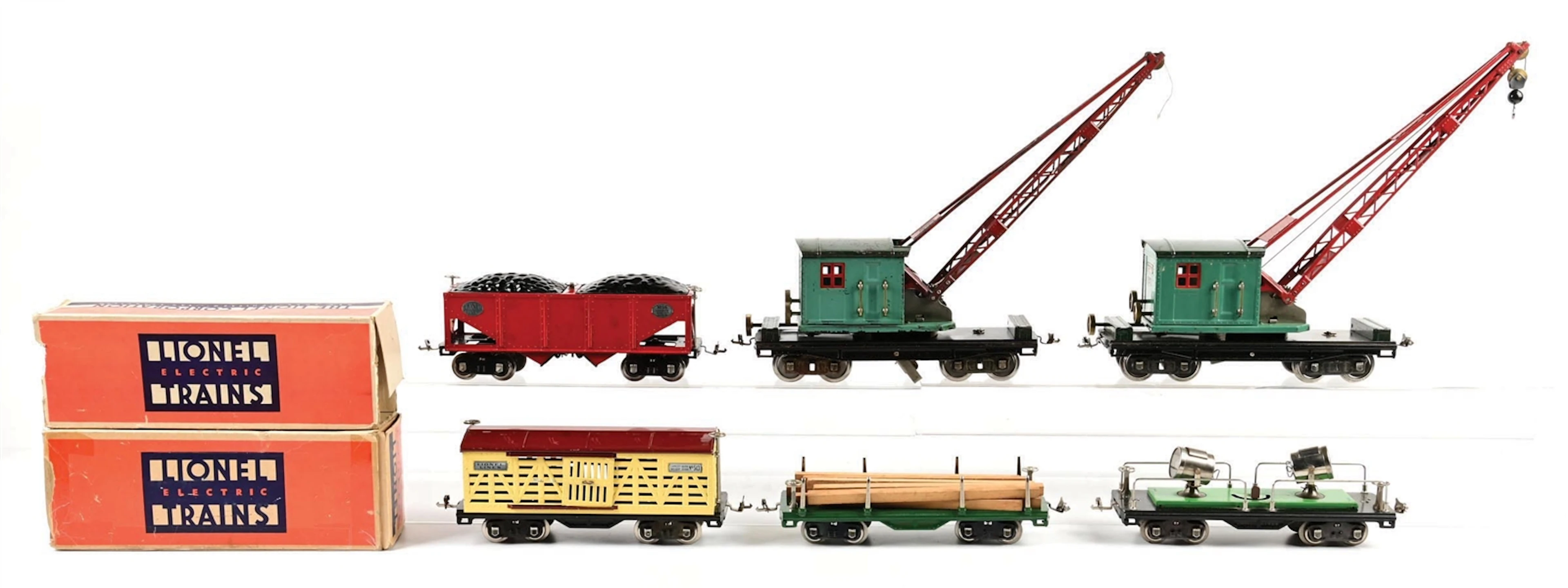 LOT OF 6: PRE-WAR LIONEL STANDARD GA. ASSORTED FREIGHT CARS W/ 2 BOXES