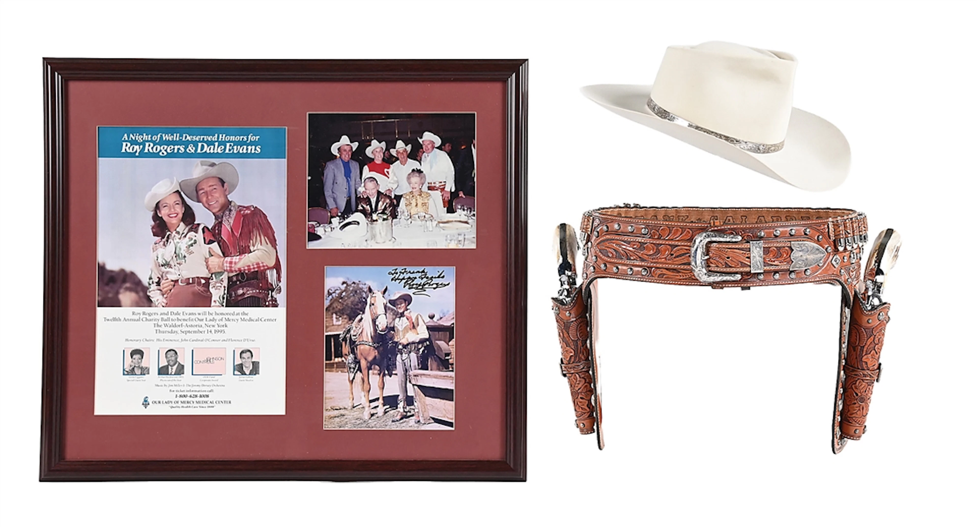ROY ROGERS - DALE EVANS THEMED LOT, GUN RIG, FRAMED AUTOGRAPHED PHOTOS