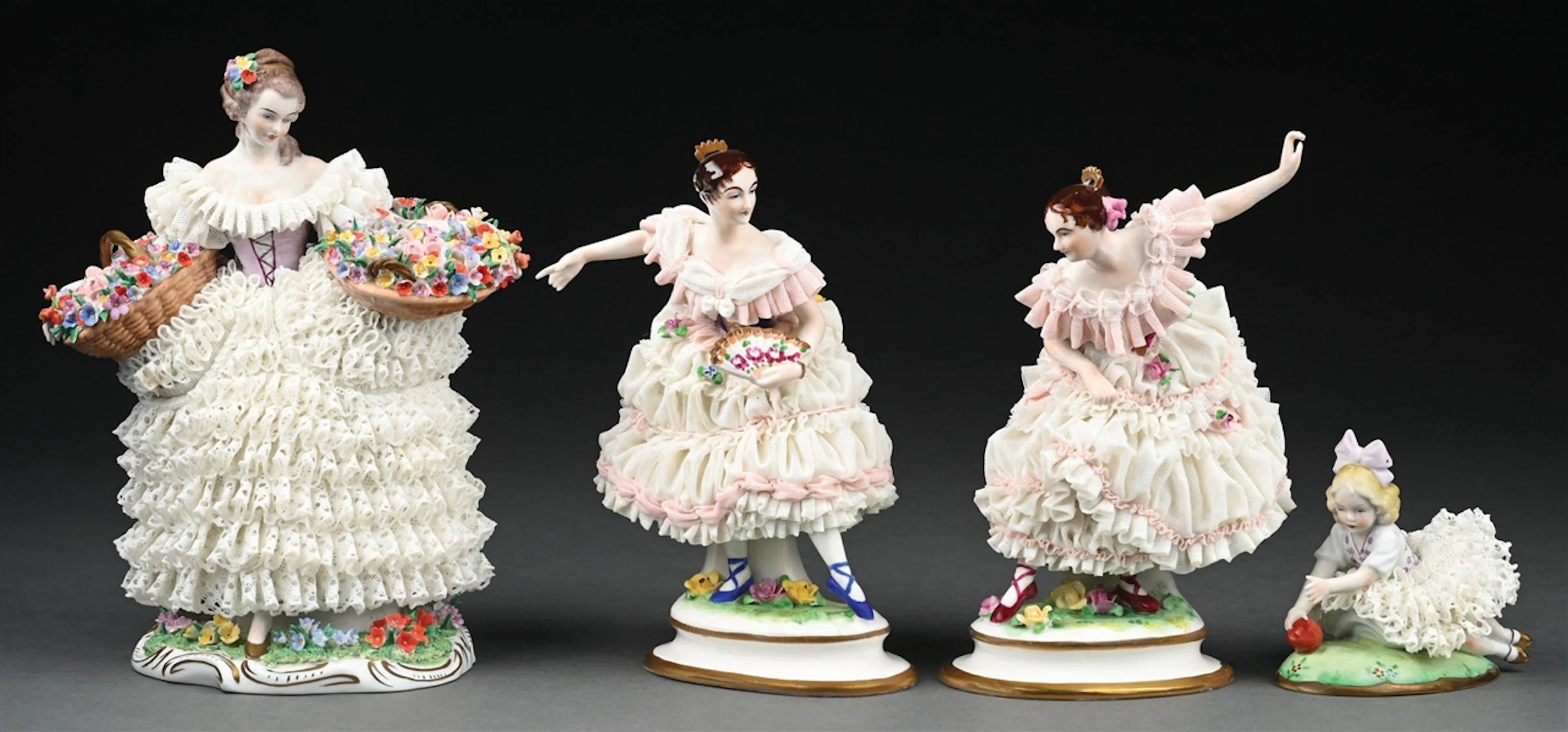 LOT OF 4: MULLER VOLKSTEDT AND SITZENDORF DRESDEN LACE DANCING LADIES