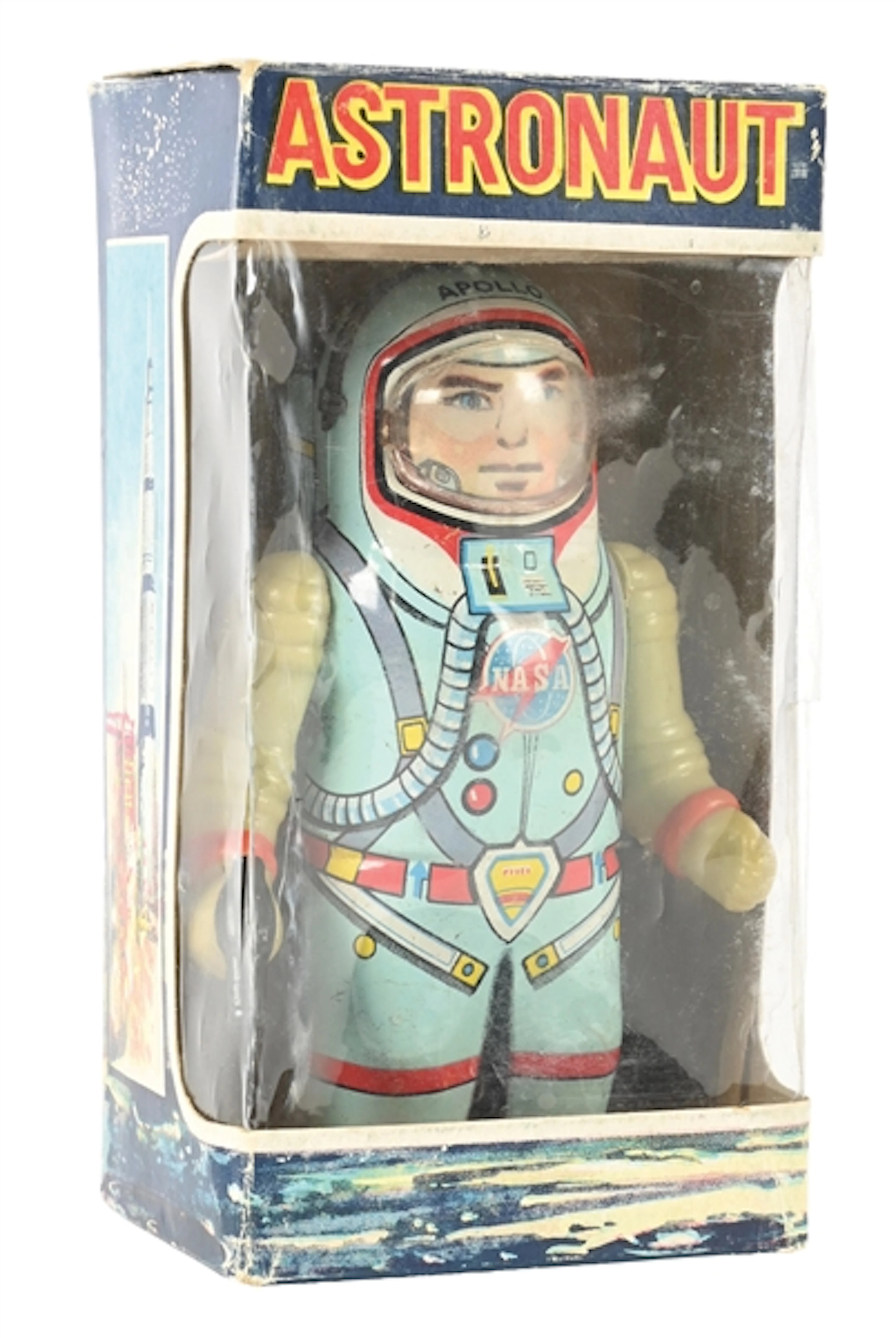 SHUTO SHOJI NASA APOLLO MECHANICAL WALKING ASTRONAUT WITH GUN TIN