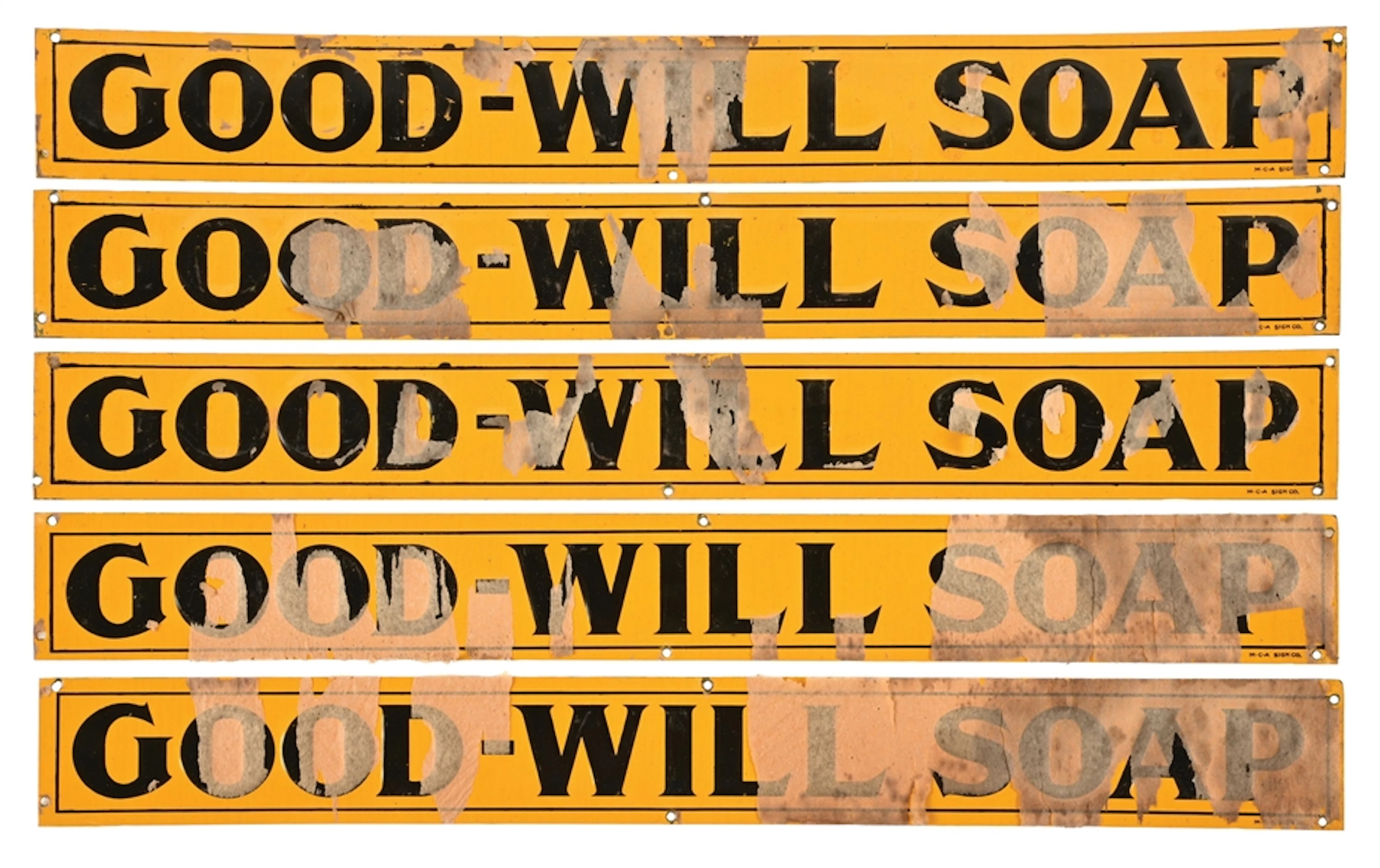 COLLECTION OF 5: GOOD WILL SOAP EMBOSSED TIN N.O.S. STRIP SIGNS
