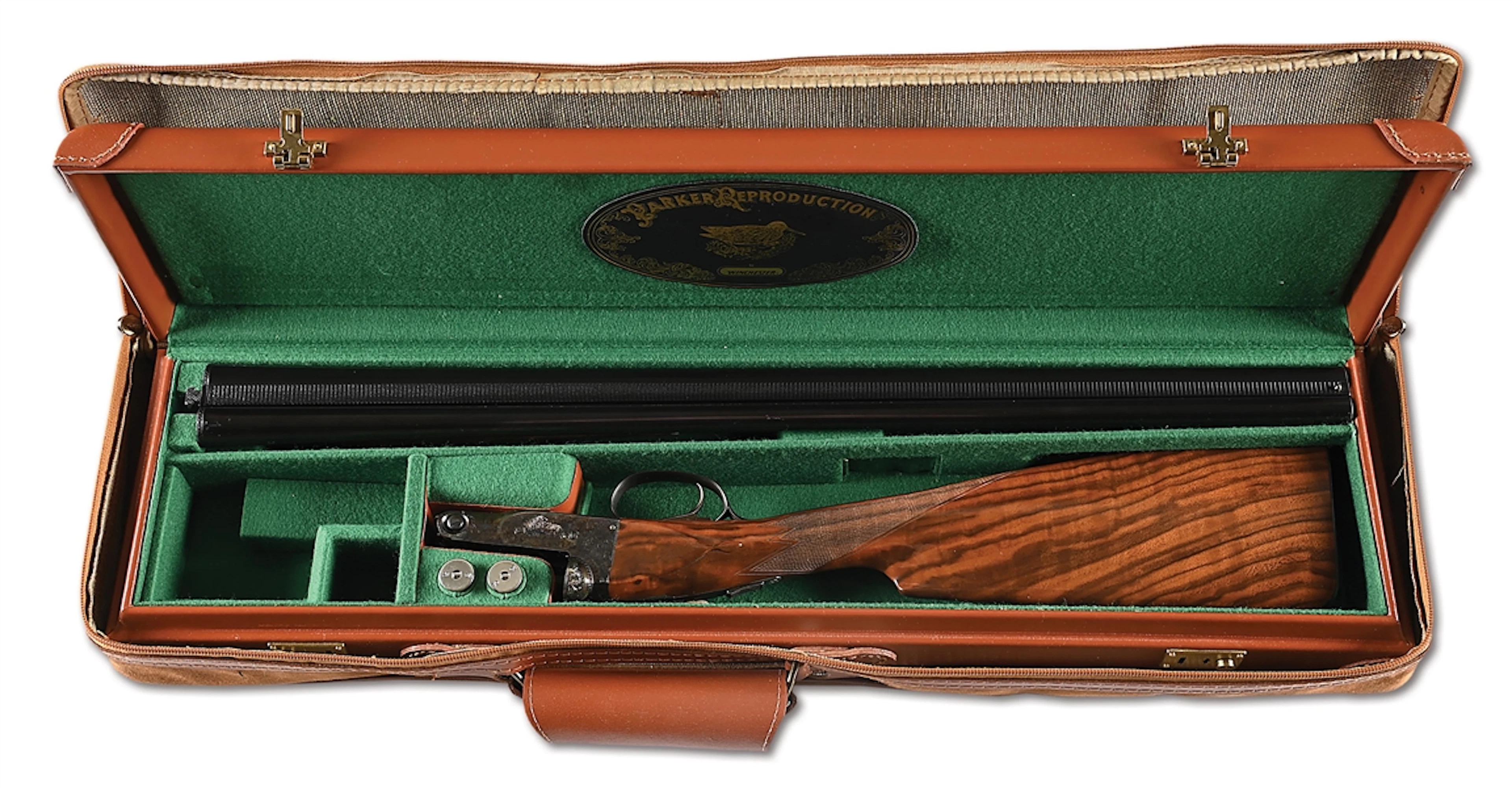 (M) PARKER REPRODUCTIONS DHE 20 BORE SIDE BY SIDE SHOTGUN WITH CASE.