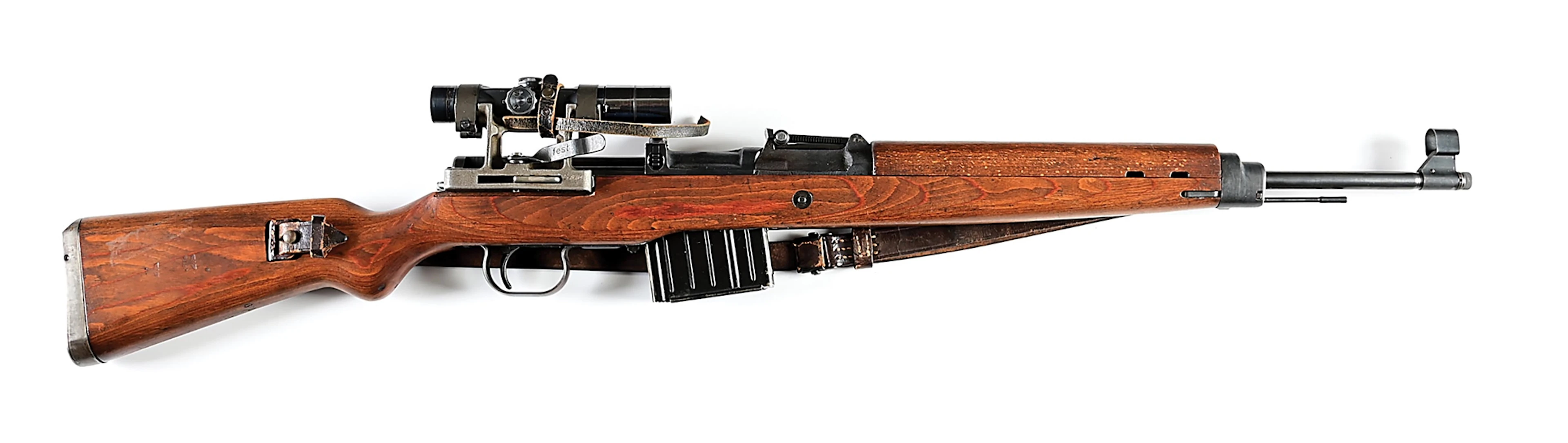 (C) DUV 44 CODE BERLINER-LUBECKER G43 SEMI AUTOMATIC RIFLE WITH SCOPE.