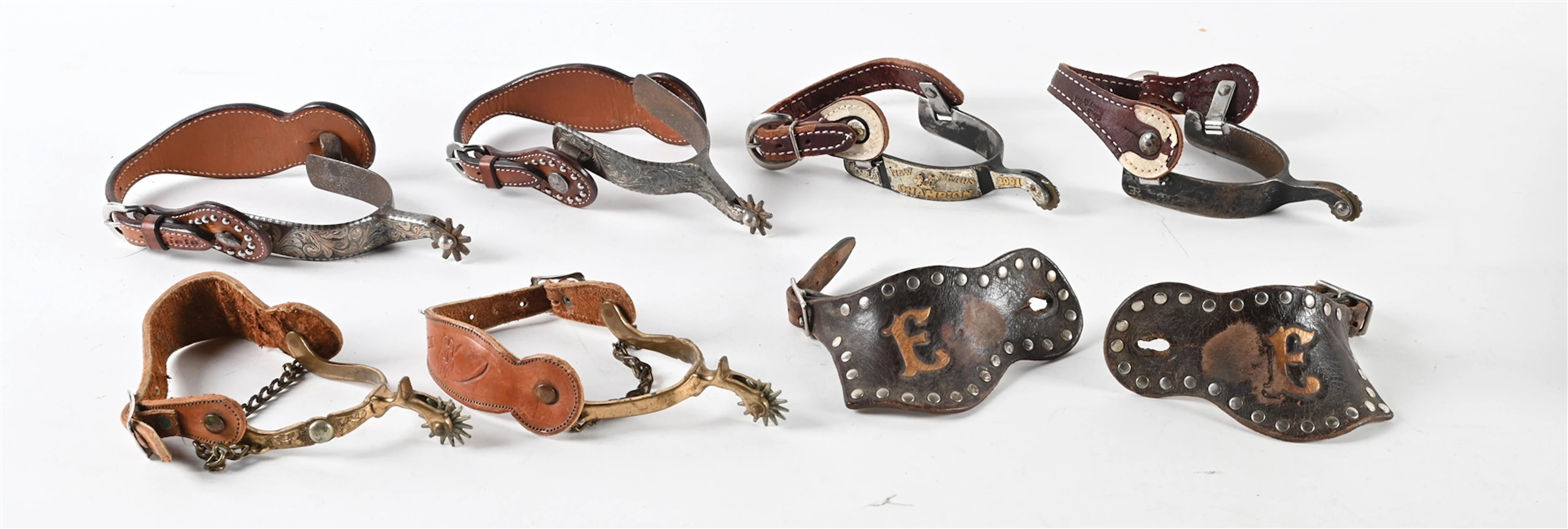 LOT OF 4: VARIOUS SPURS AND PAIR OF SPUR STRAPS