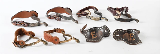 LOT OF 4: VARIOUS SPURS AND PAIR OF SPUR STRAPS
