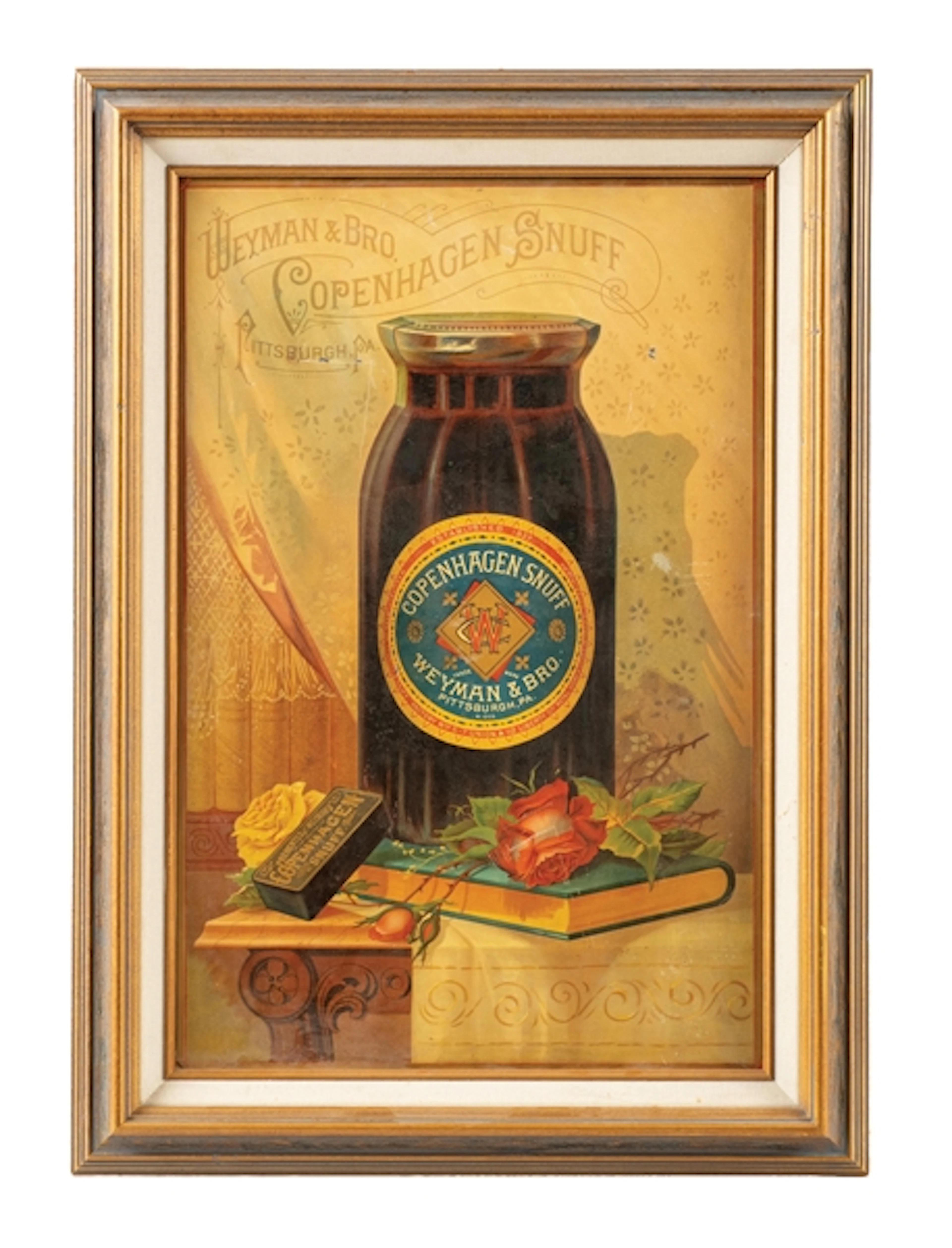 WEYMAN & BRO. COPENHAGEN SNUFF FRAMED TIN ADVERTISEMENT