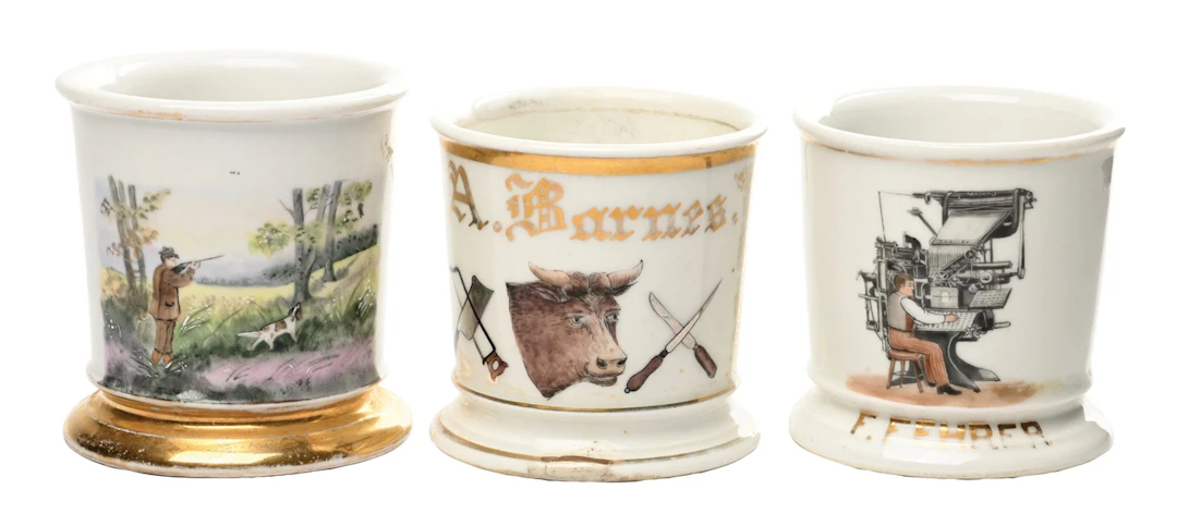 LOT OF 3: HUNTER, BUTCHER AND MACHINIST OCCUPATIONAL SHAVING MUGS
