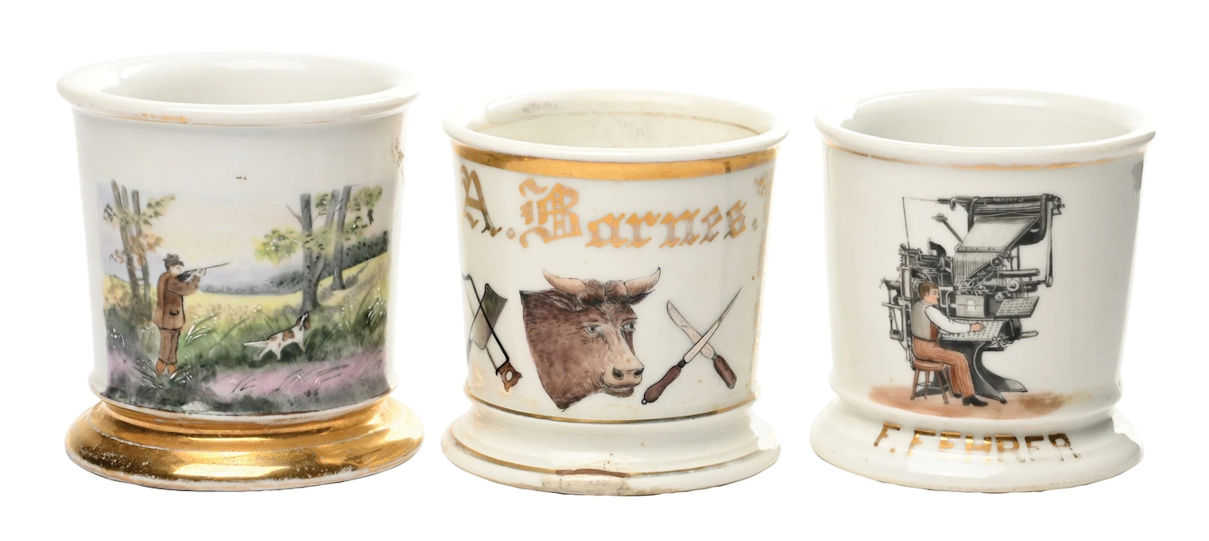 LOT OF 3: HUNTER, BUTCHER AND MACHINIST OCCUPATIONAL SHAVING MUGS