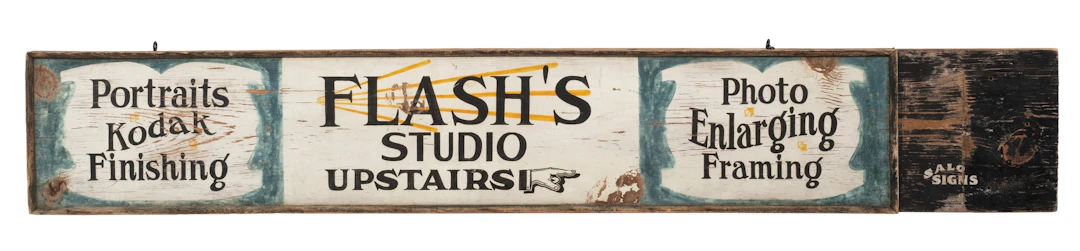 WOODEN FLASH'S STUDIO TRADE SIGN W/ COLORFUL GRAPHICS