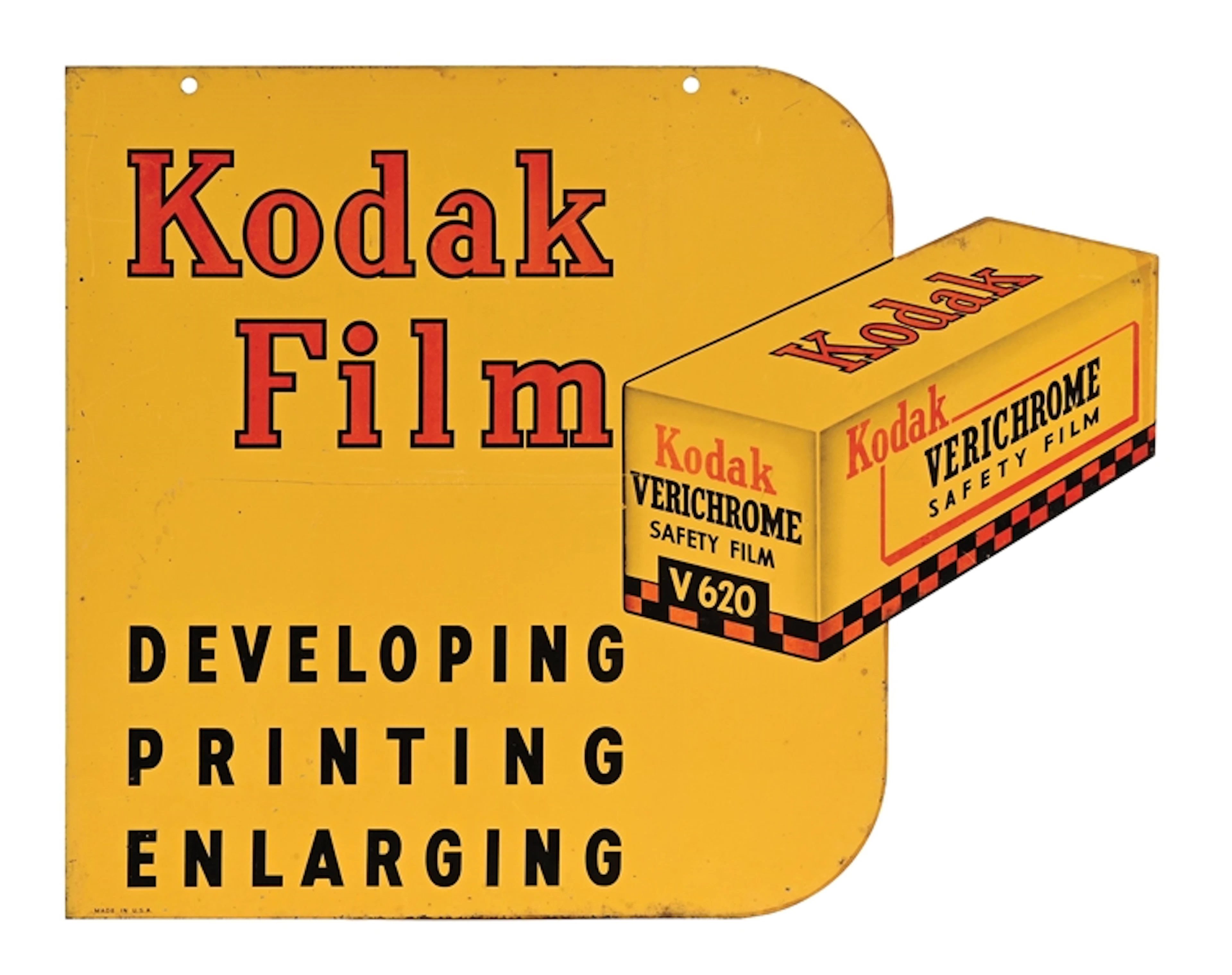 KODAK FILM DEVELOPING PRINTING & ENLARGING TIN SIGN W/ FILM BOX GRAPHIC.