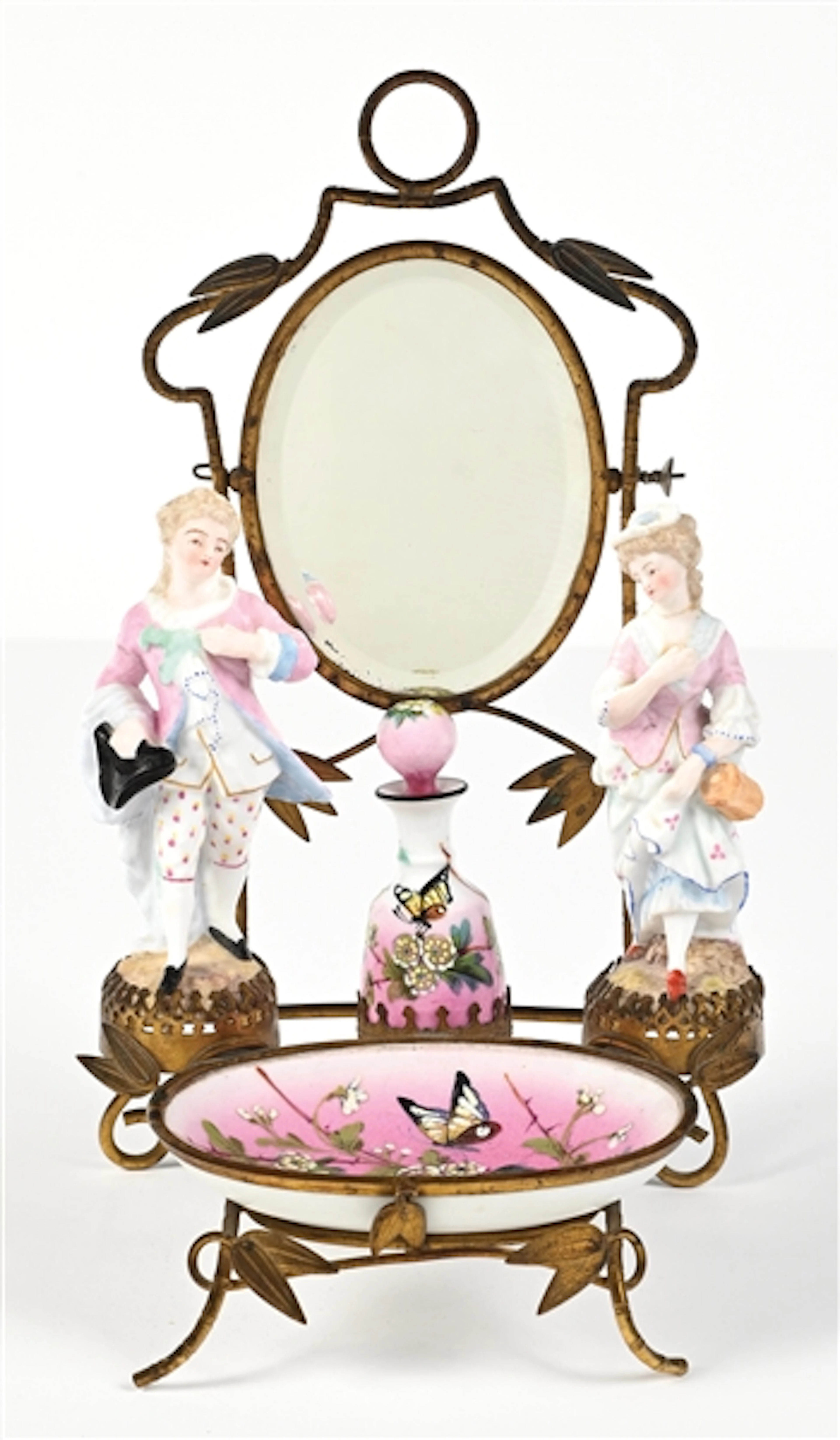 MEISSEN PORCELAIN FIGURAL PINK PERFUME VANITY SET WITH BOTTLE