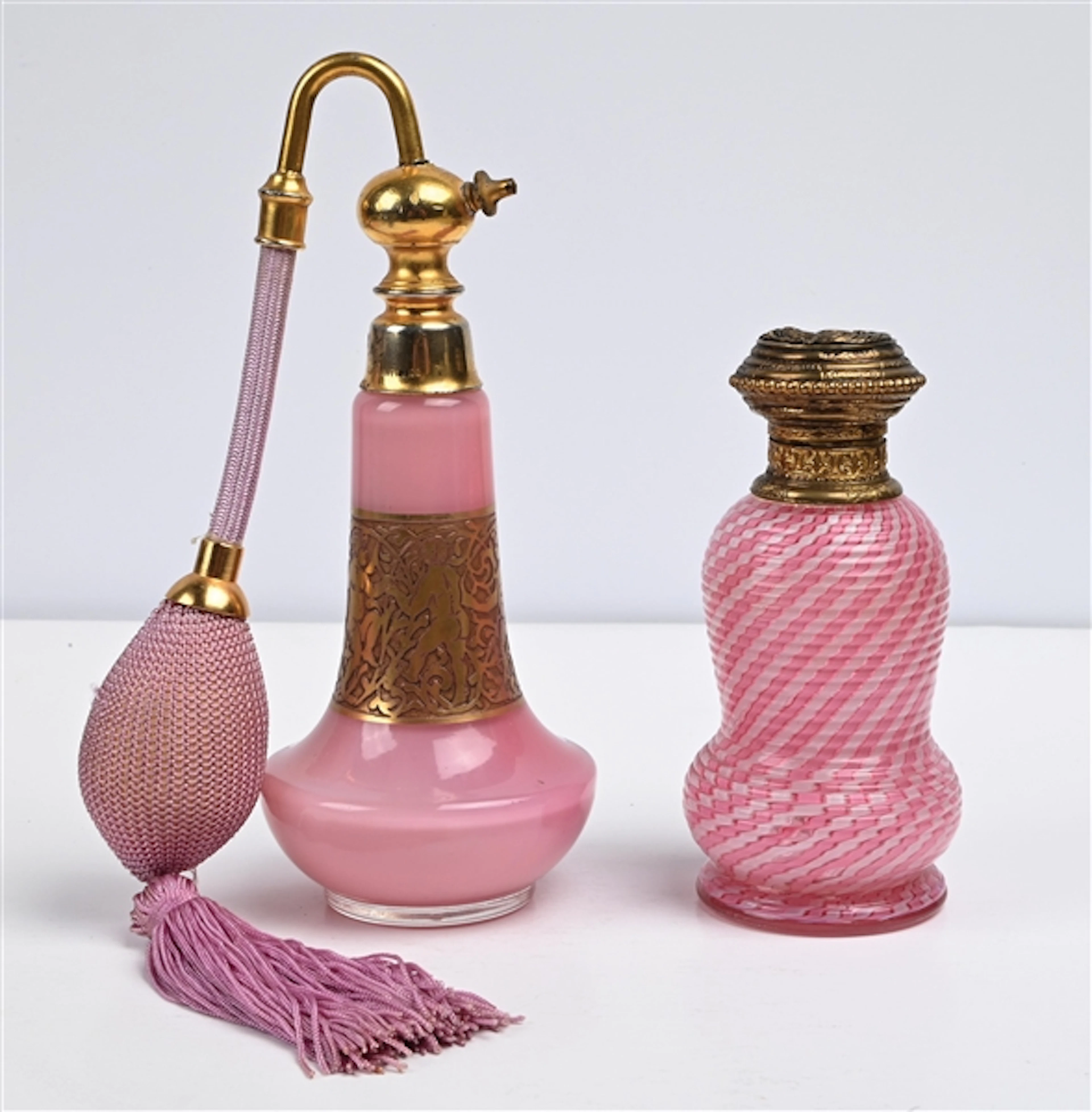 LOT OF 2: MOSER & LATTICINO PINK GLASS PERFUME BOTTLES