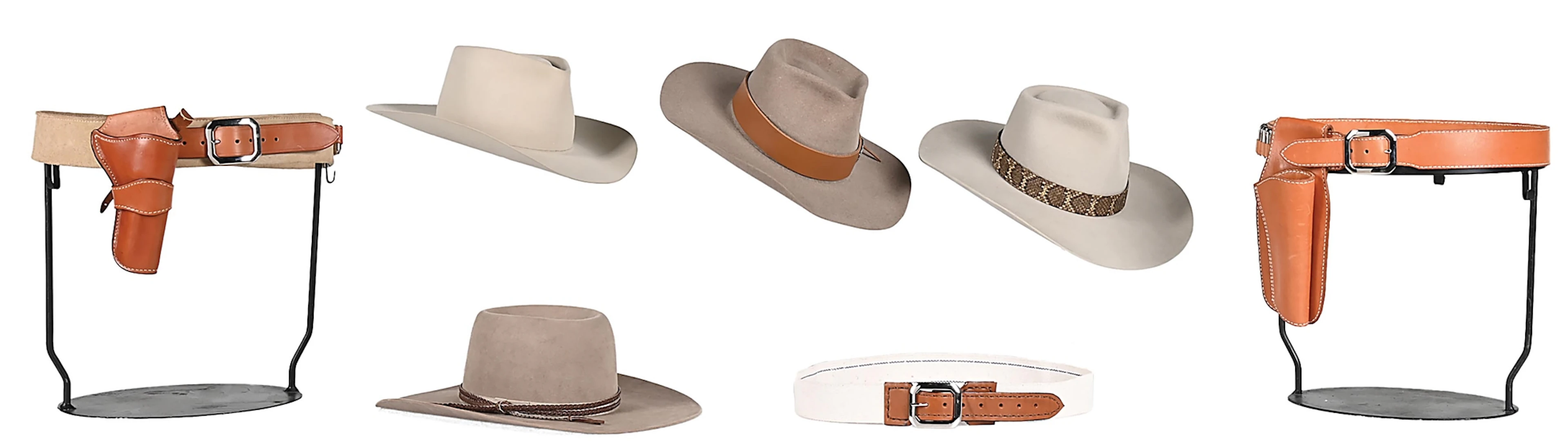 JOHN WAYNE INSPIRED WESTERN MOVIE-STYLE LOT OF (2) RIGS & (4) HATS
