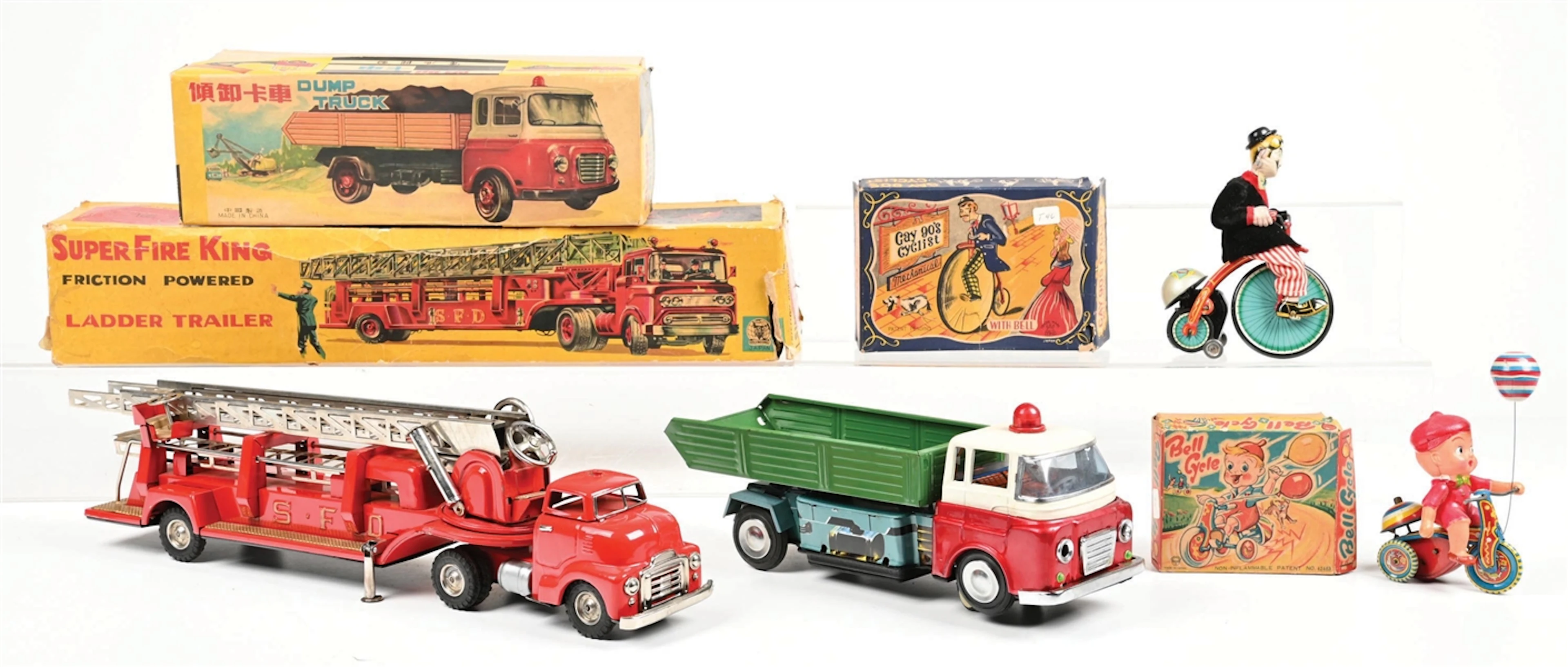 LOT OF 4: SUPER FIRE KING LADDER TRAILER, DUMP TRUCK, BELL CYCLE AND