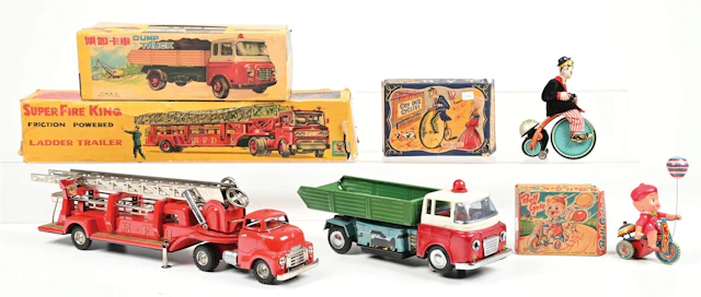 LOT OF 4: SUPER FIRE KING LADDER TRAILER, DUMP TRUCK, BELL CYCLE AND