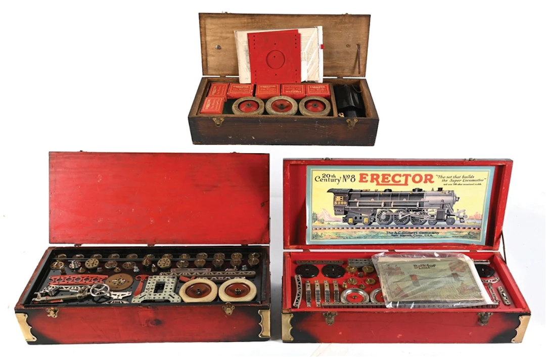 LOT OF 3: GILBERT ERECTOR TOY SETS IN WOODEN BOXES