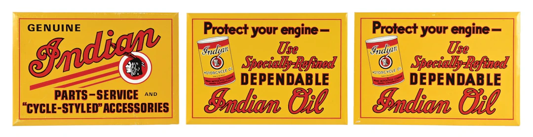 COLLECTION OF 3: INDIAN MOTORCYCLE OIL REPRODUCTION TIN OVER CARDBOARD SIGNS