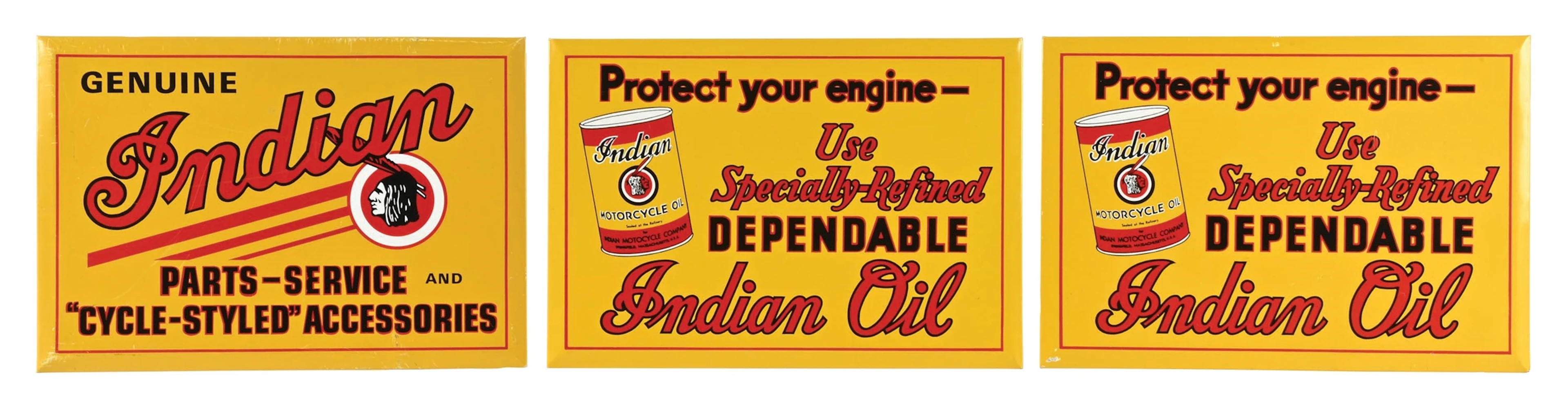 COLLECTION OF 3: INDIAN MOTORCYCLE OIL REPRODUCTION TIN OVER CARDBOARD SIGNS