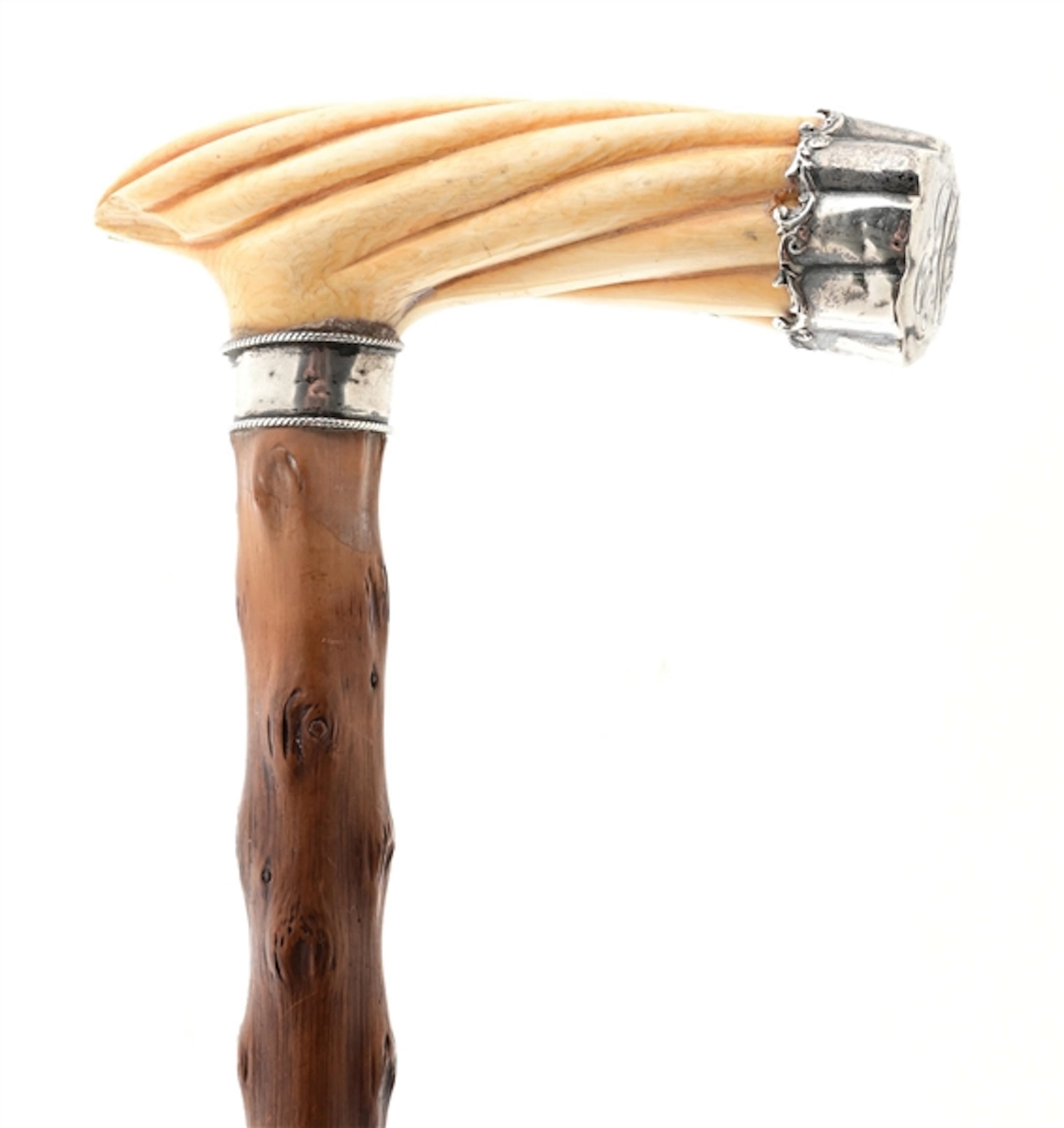 ANTIQUE WALKING CANE WITH TWISTED IVORY HANDLE W/ STERLING SILVER