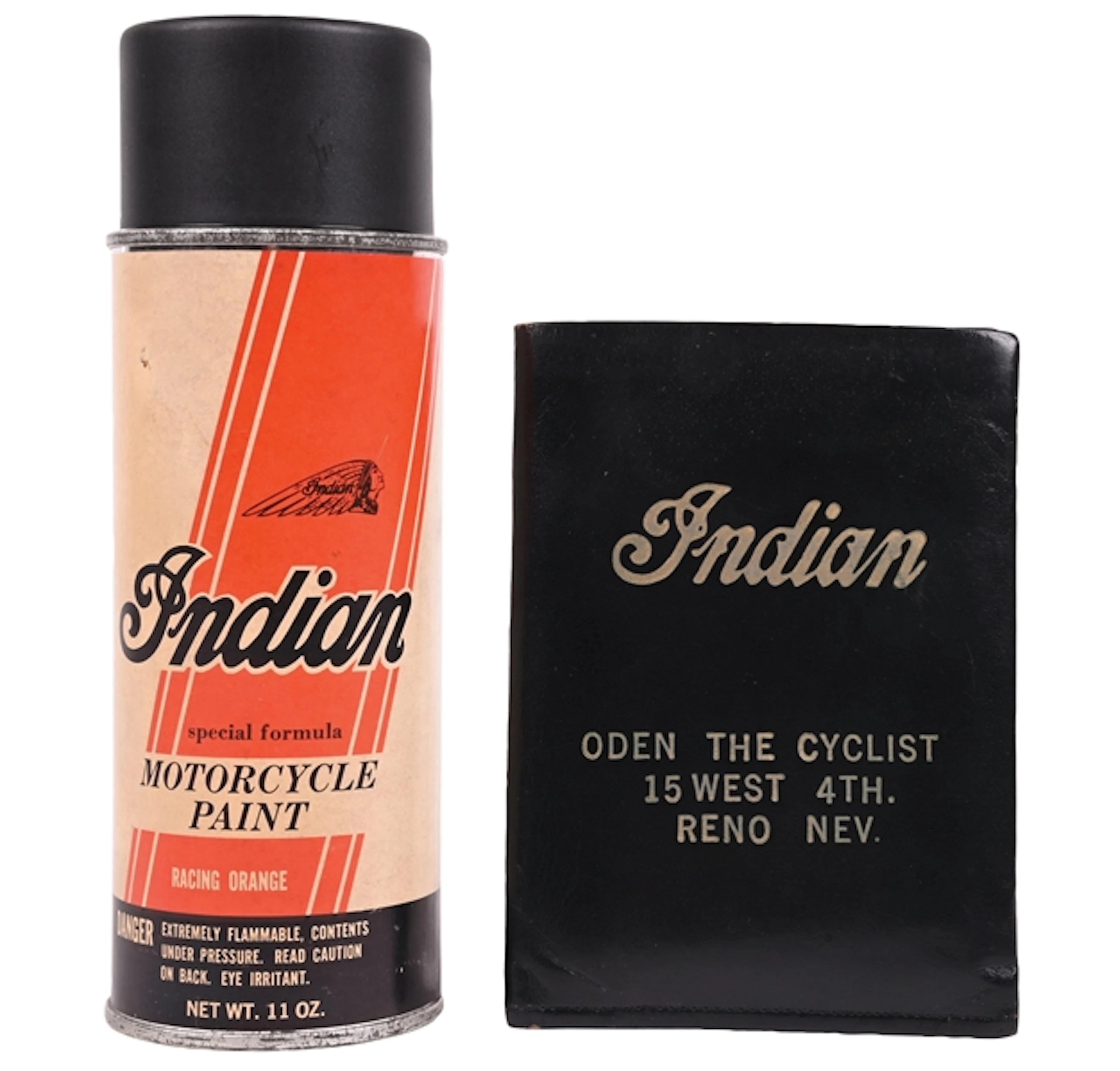 COLLECTION OF 2: INDIAN MOTORCYCLE SPRAY PAINT CAN AND LEATHER ADVERTISING