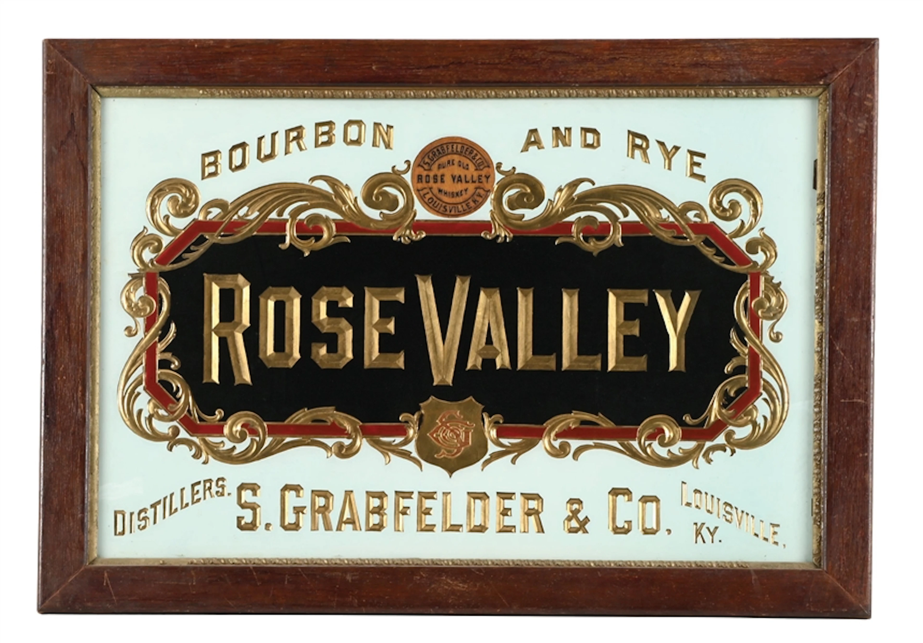 GRABFELDER & CO. ROSE VALLEY BOURBON & RYE GLASS SIGN