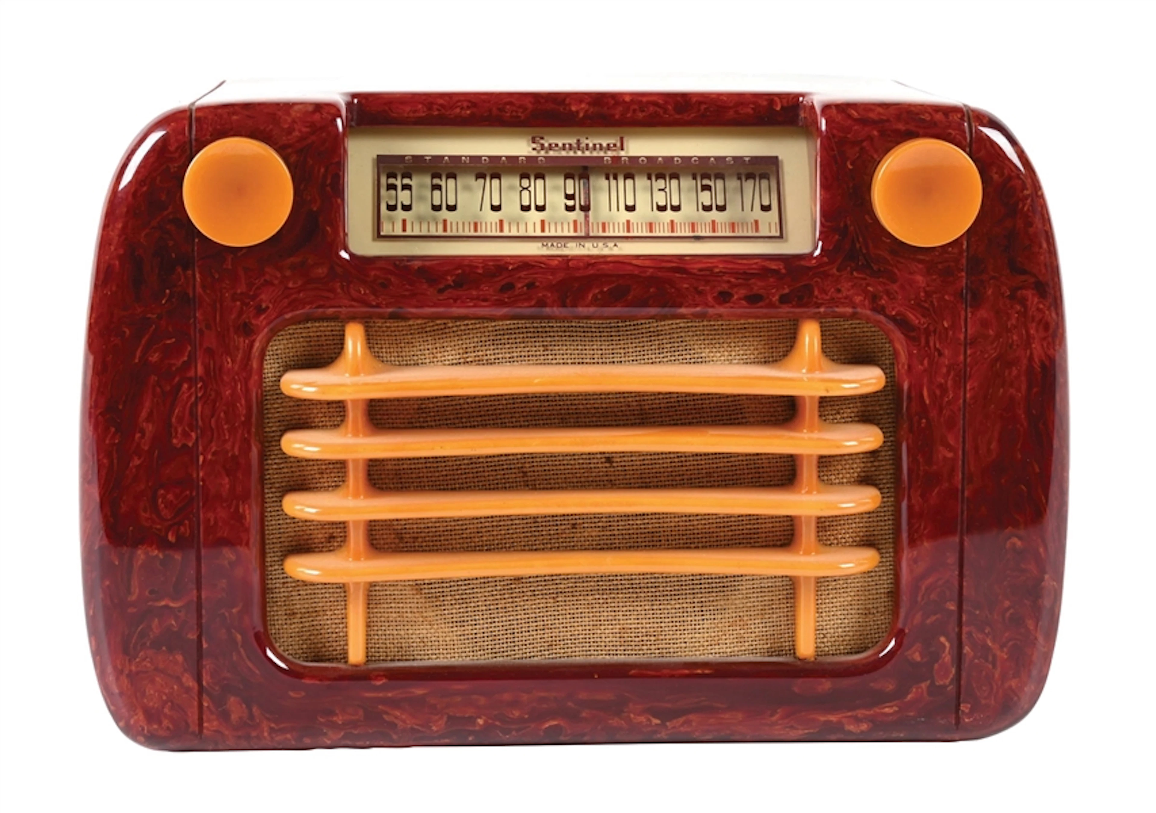 SENTINEL 284 WAVY-GRILLE CATALIN RADIO IN OXBLOOD RED AND YELLOW