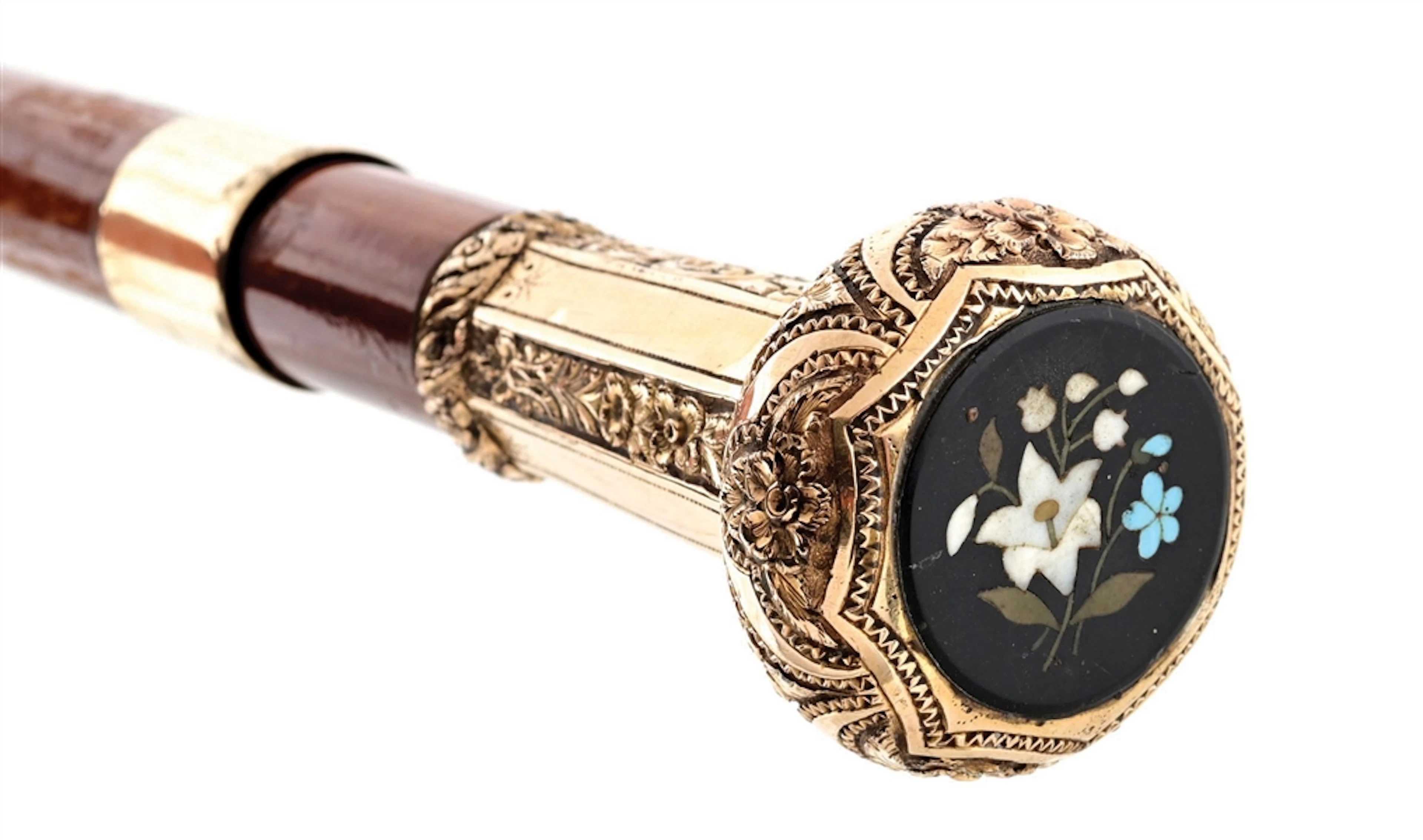 ANTIQUE WALKING STICK WITH GOLD-FILLED W/ FLORAL INLAY KNOB AND WOOD SHAFT