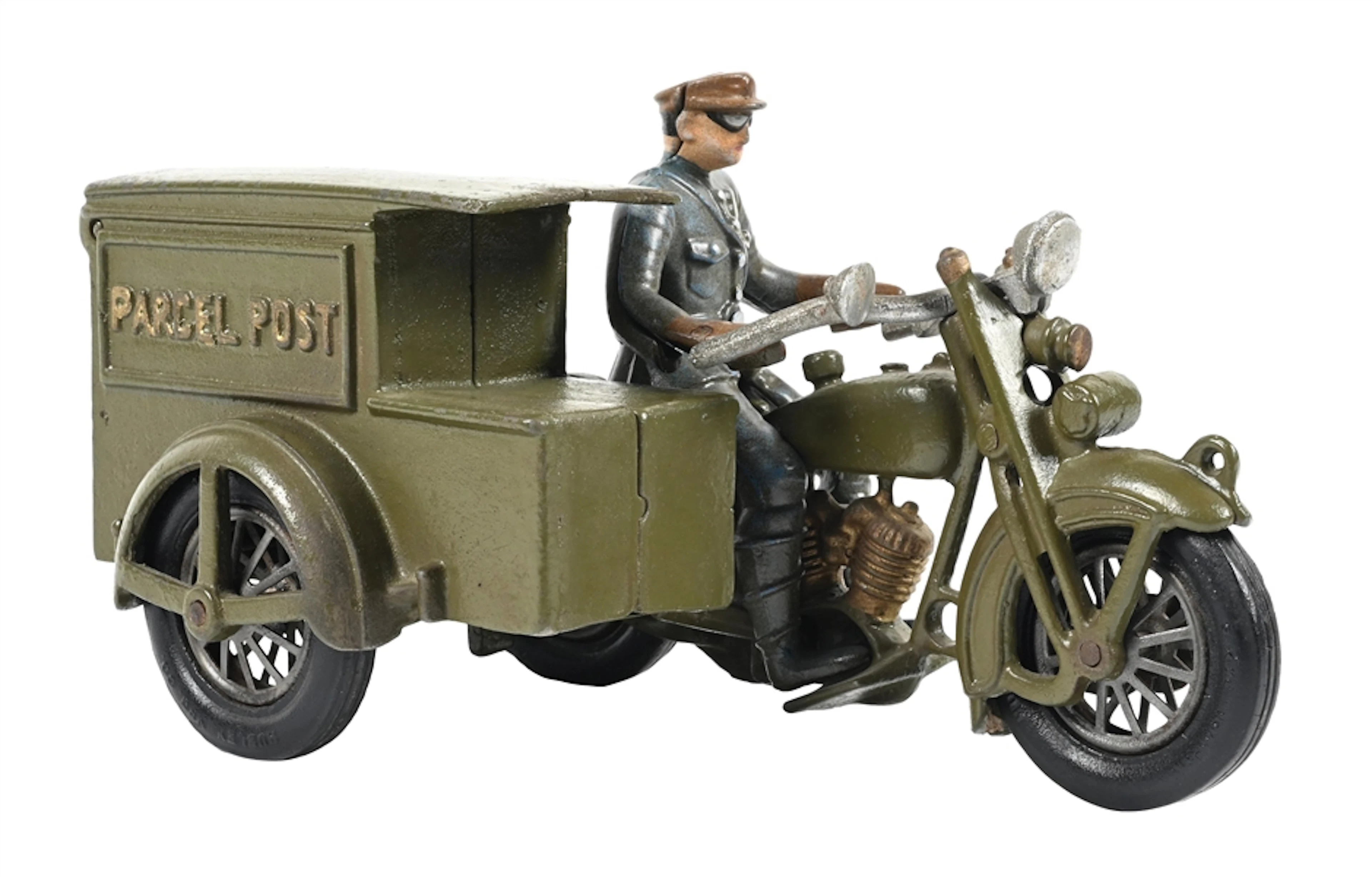 CAST IRON PARCEL POST MOTORCYCLE TOY WITH FIGURE