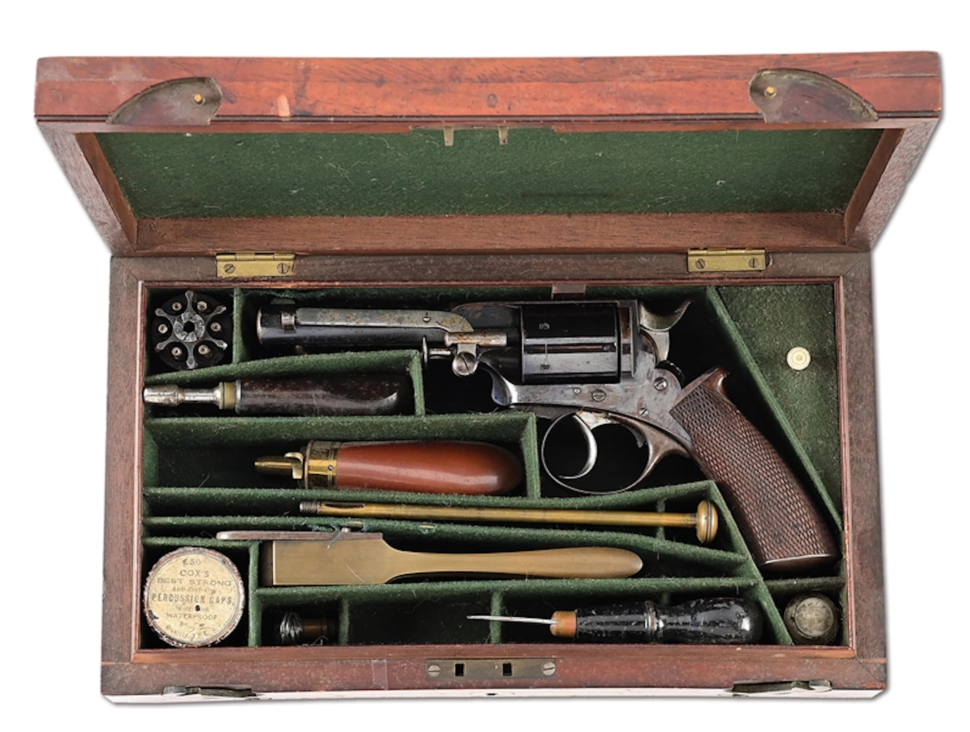 (A) UNUSUAL CASED ENGLISH DOUBLE ACTION REVOLVER WITH EXTRA PERCUSSION