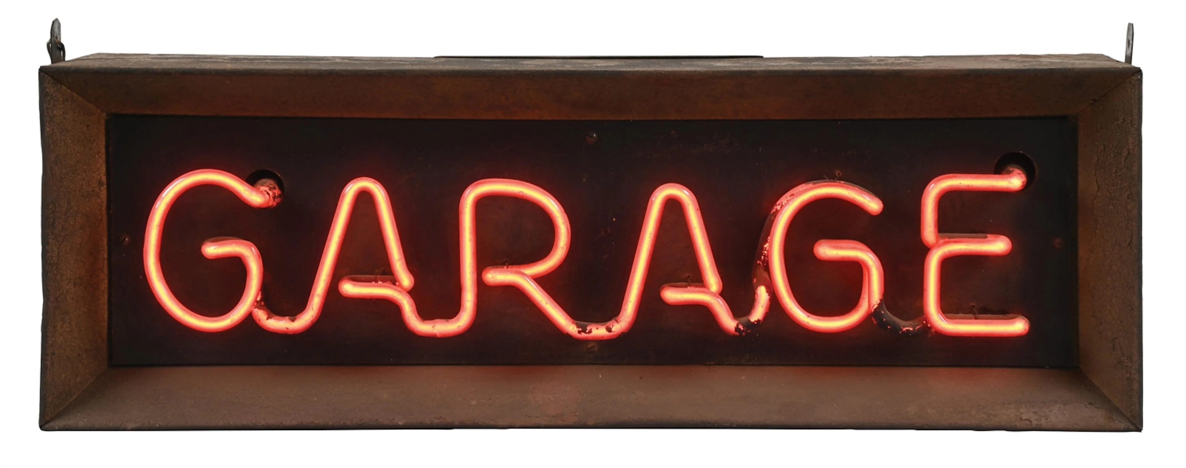 GARAGE NEON SIGN IN ORIGINAL METAL HOUSING.