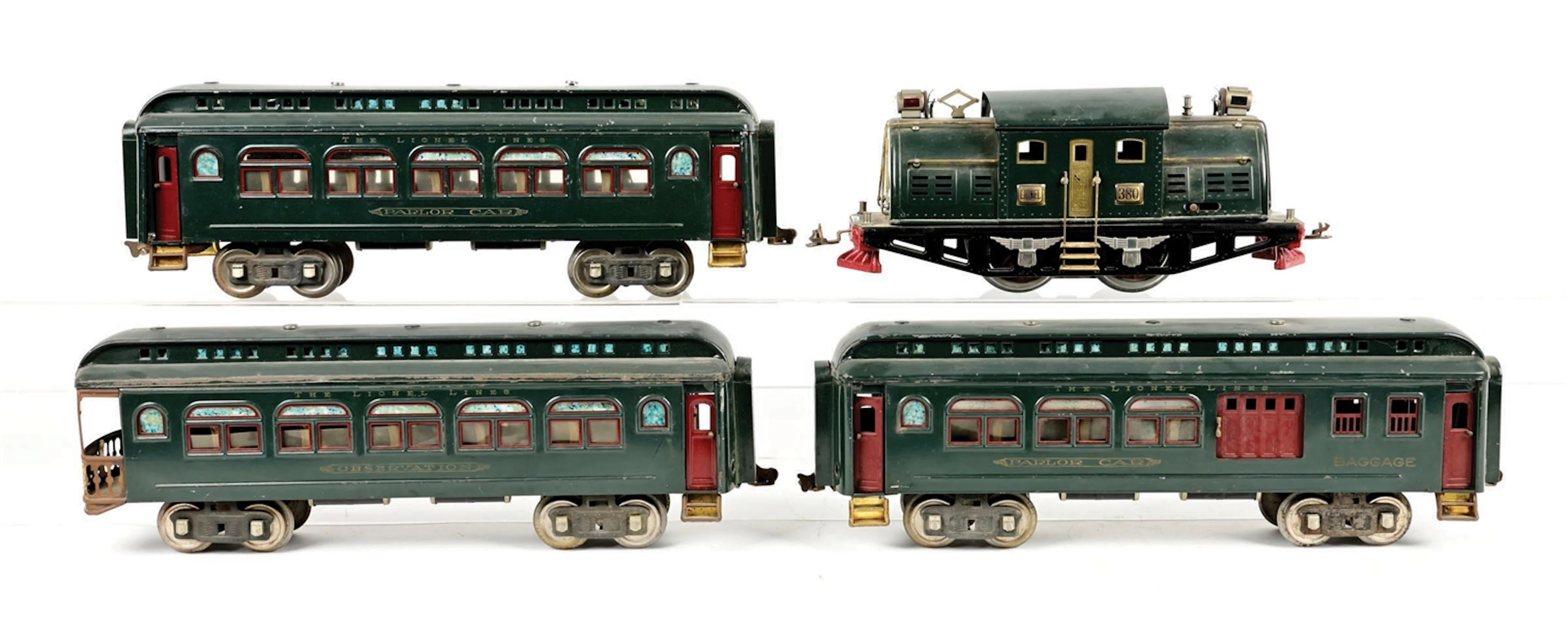 LOT OF 4: LIONEL NO. 380 DARK GREEN W/ PASSENGER CARS
