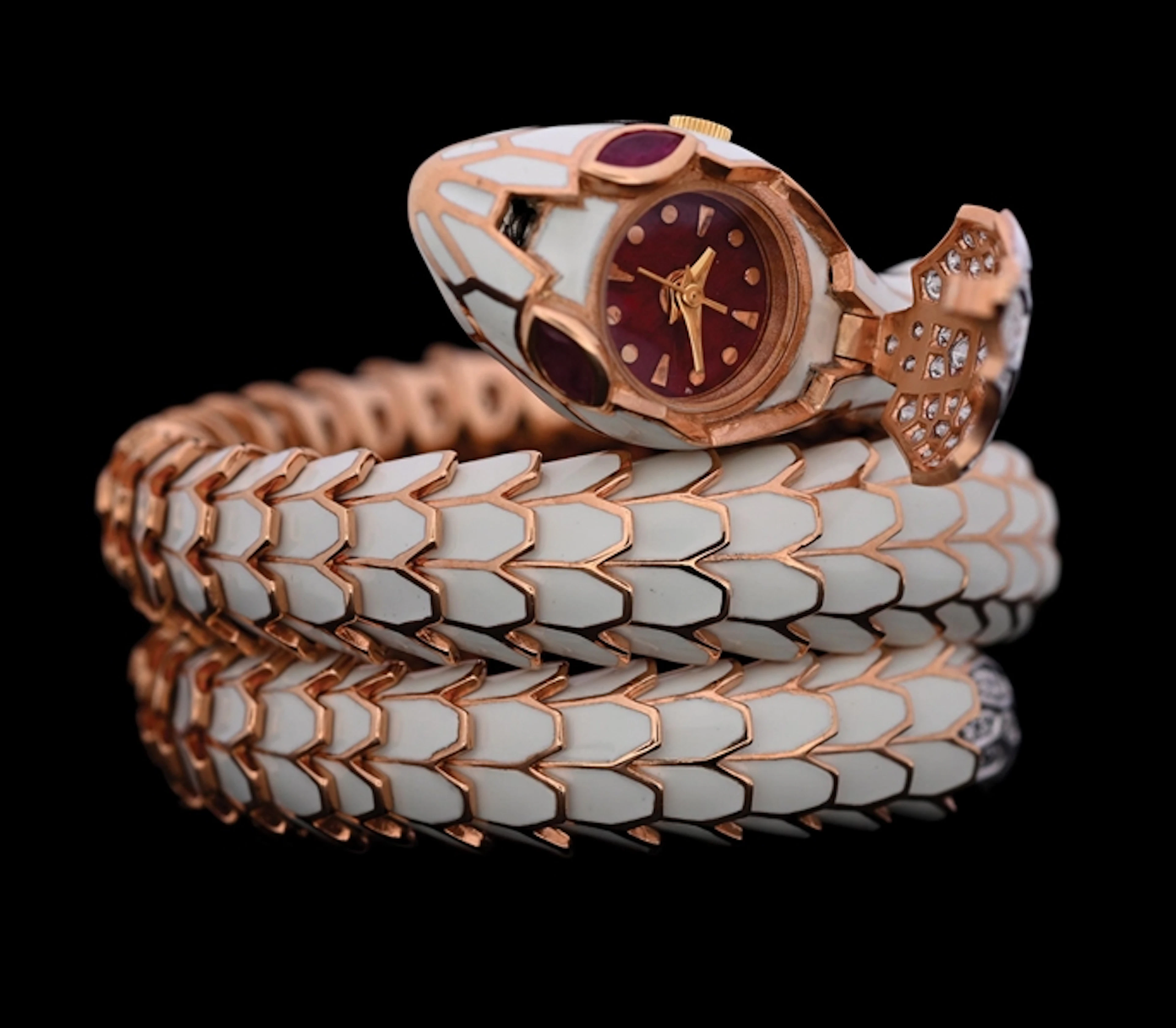 ALEXIS NY 18K WHITE GOLD, DIAMOND & ENAMELED SILVER SNAKE WATCH BRACELET