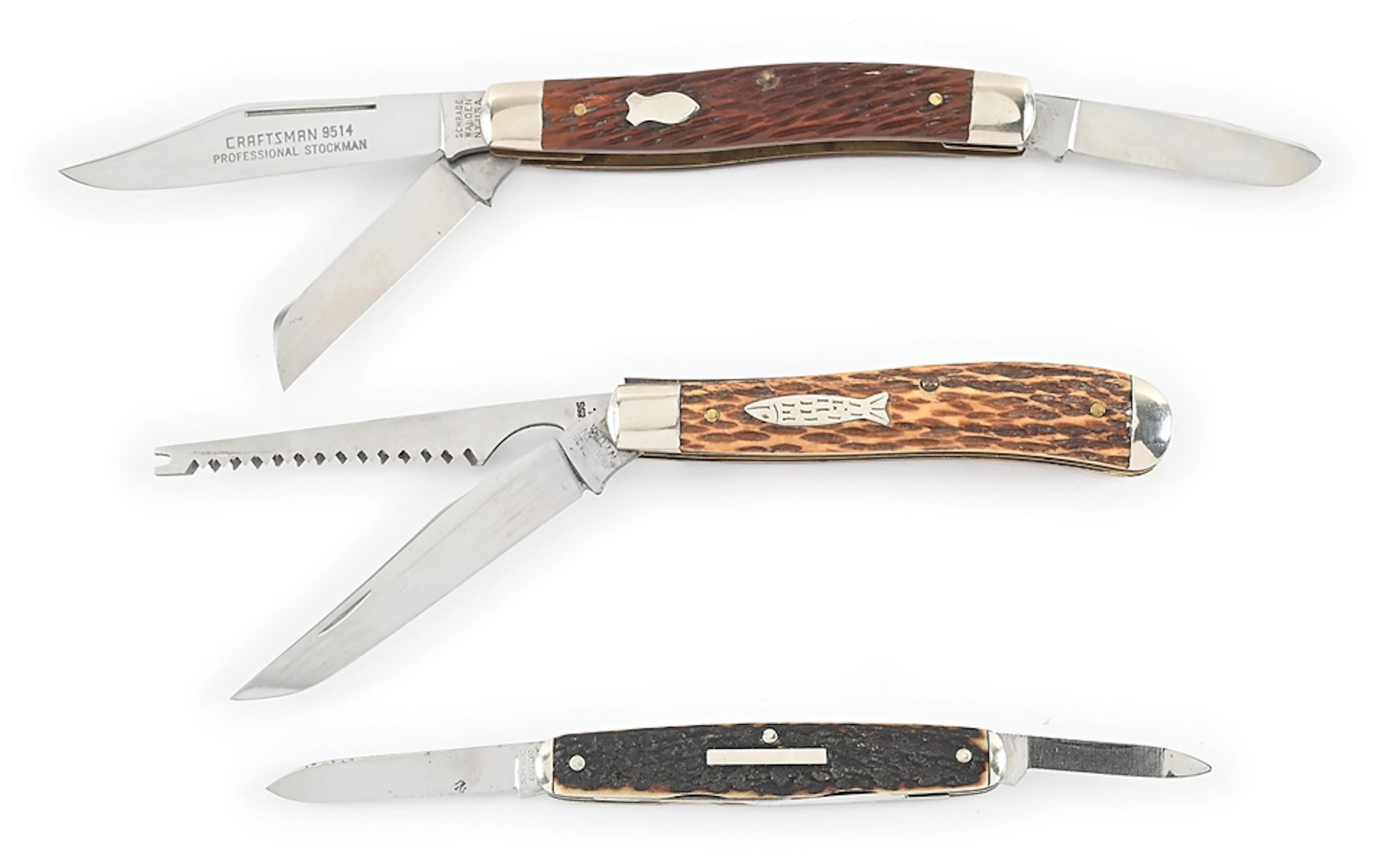 LOT OF 3: C.1940S-50S SCHRADE TRAPPER, STOCKMAN, AND SENATOR.