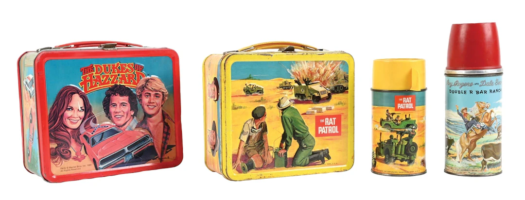 LOT OF 3: THE RAT PATROL, DUKES OF HAZZARD LUNCHBOXES AND ROY RODGERS THERMOS