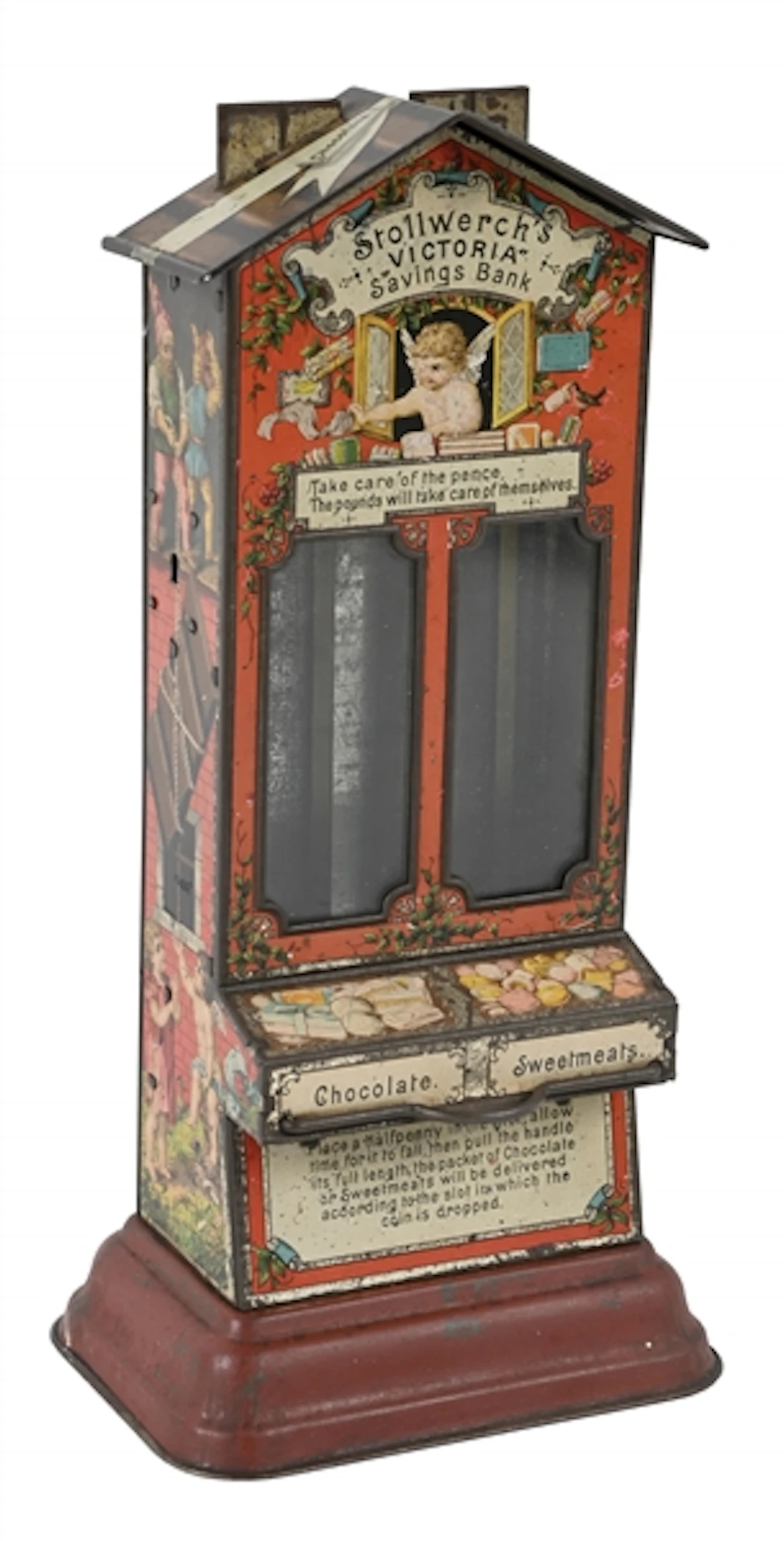 STOLLWERCK "VICTORIA" GERMAN TIN LITHO SAVINGS BANK AND CHOCOLATE DISPENSER