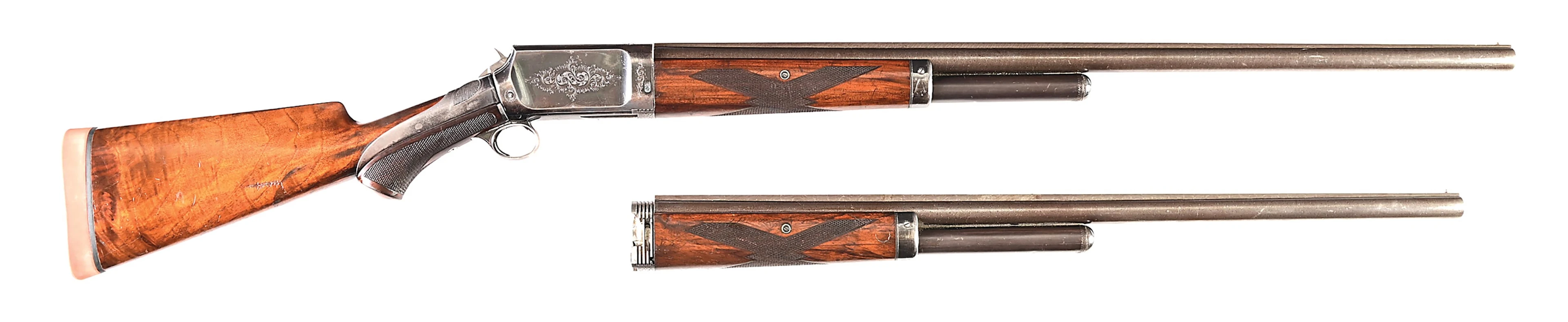 (A) FACTORY ENGRAVED DELUXE BURGESS SLIDE ACTION SHOTGUN WITH SPARE