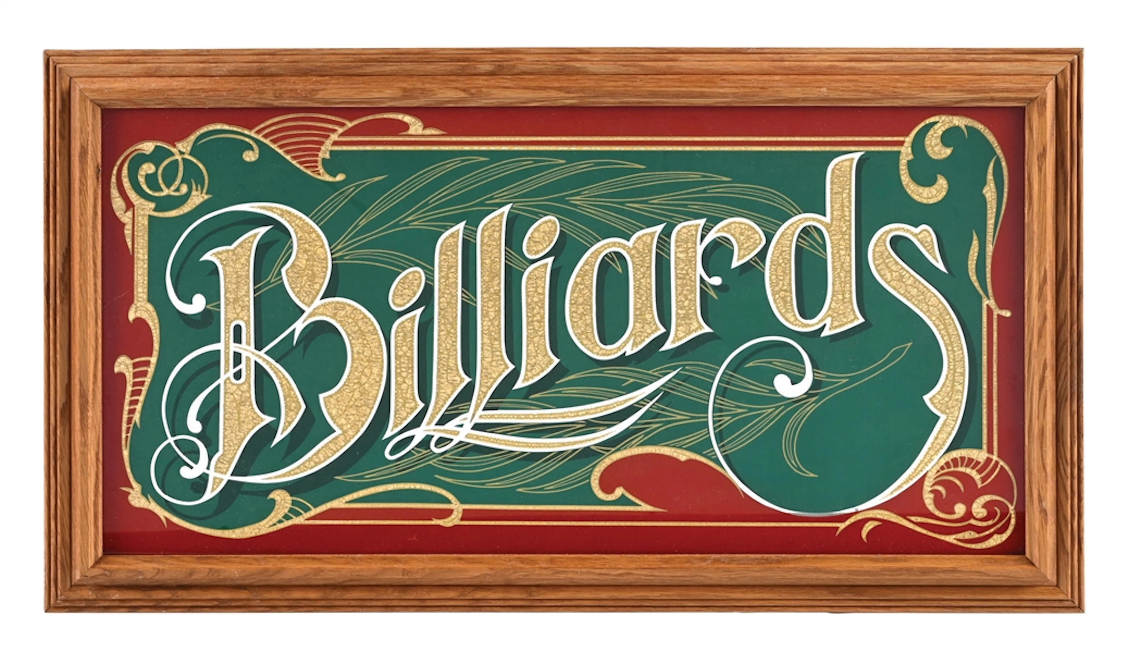 BILLIARDS REVERSE PAINTED GLASS SIGN WITH OAK FRAME