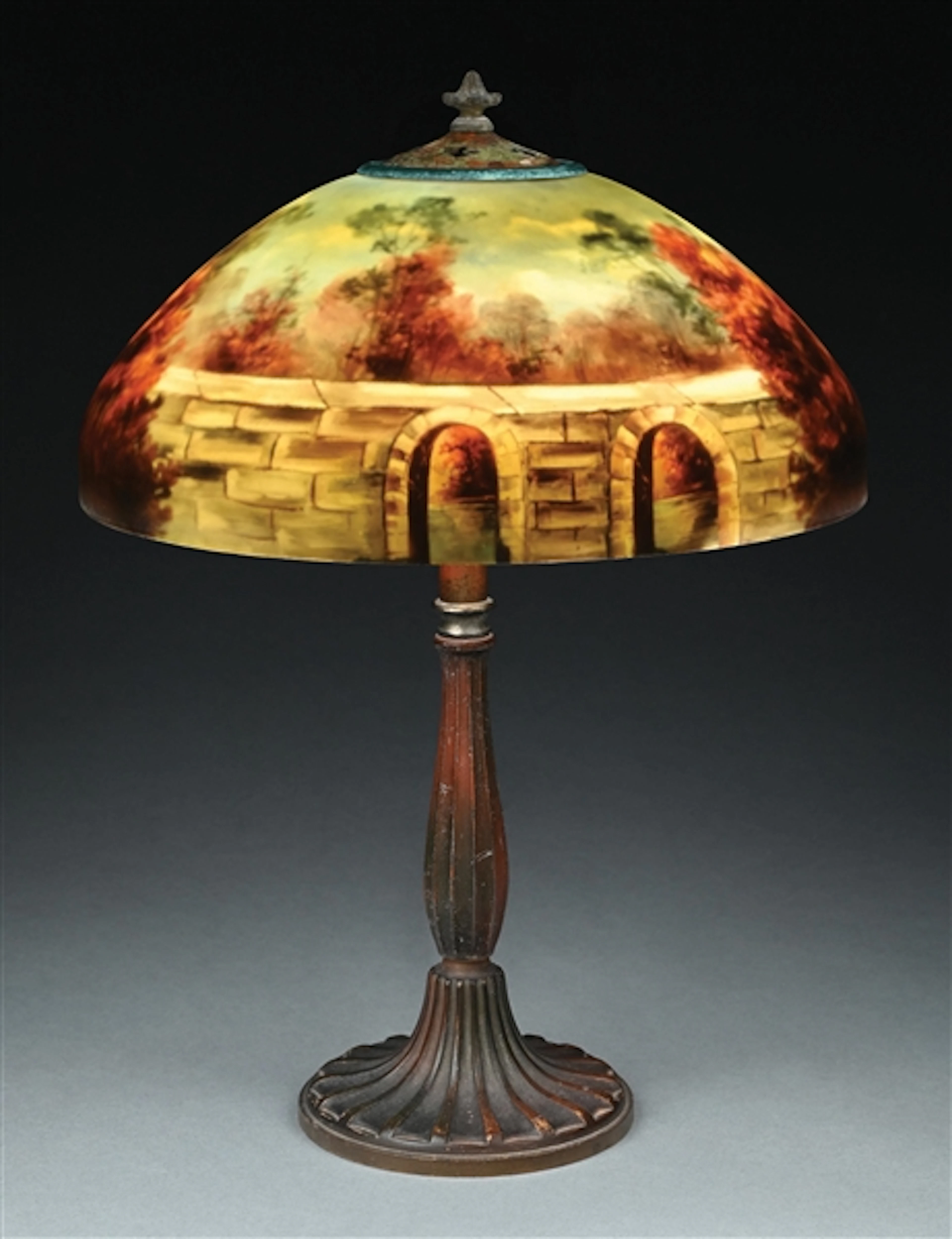 SIGNED JEFFERSON REVERSE PAINTED SCENIC LAMP SHADE WITH BASE