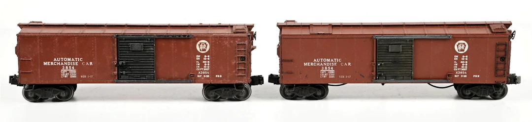 LOT OF 2: POST-WAR LIONEL O-GA. NO. 3854 AUTOMATIC MERCHANDISE BOX CARS