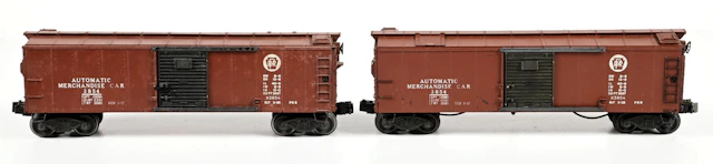 LOT OF 2: POST-WAR LIONEL O-GA. NO. 3854 AUTOMATIC MERCHANDISE BOX CARS