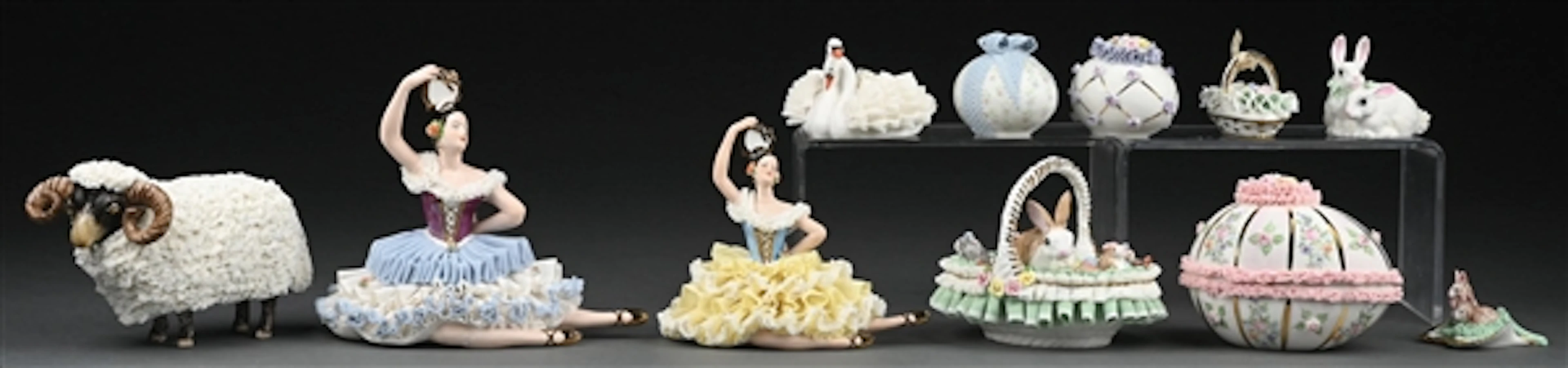COLLECTION OF 11: MULLER VOLKSTEDT IRISH DRESDEN LACE PORCELAIN TRINKETS