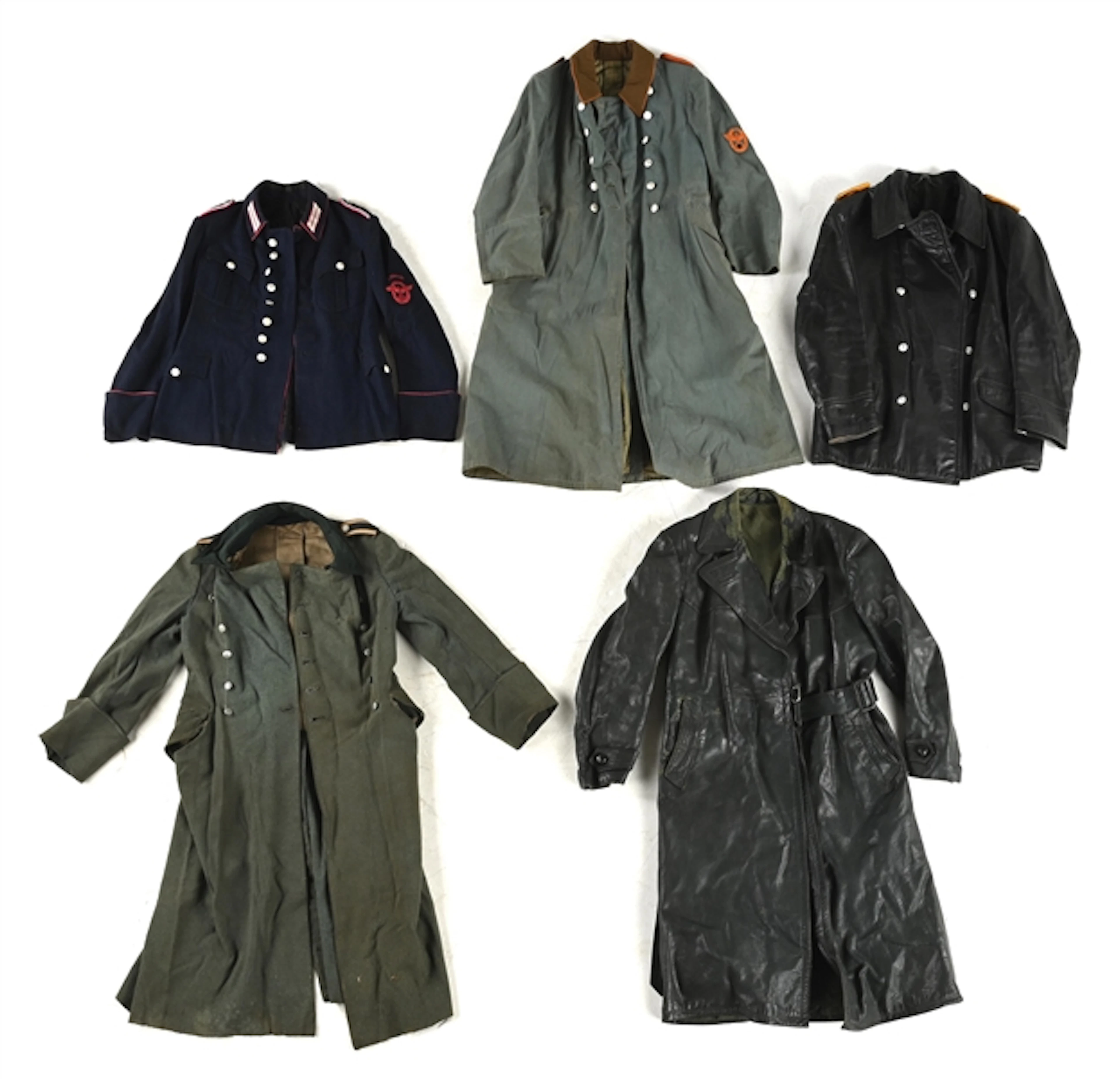 LOT OF 5: GERMAN WWII TUNICS AND OVERCOATS.
