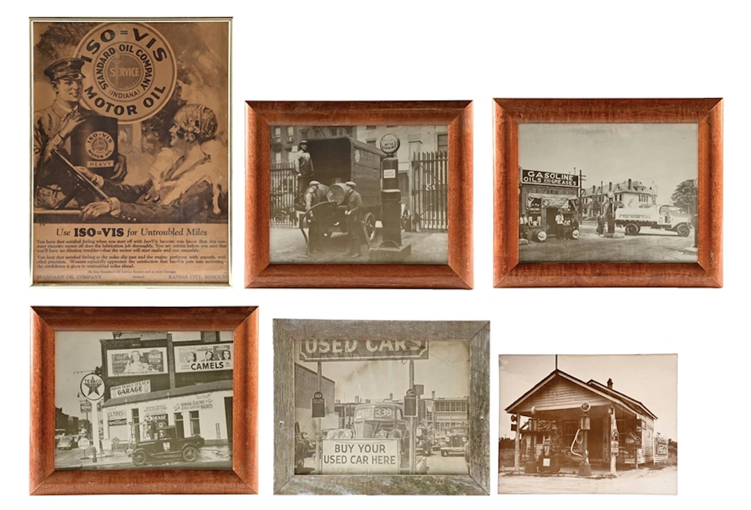 COLLECTION OF 6: SERVICE STATION FRAMED PHOTOS & ADVERTISING.