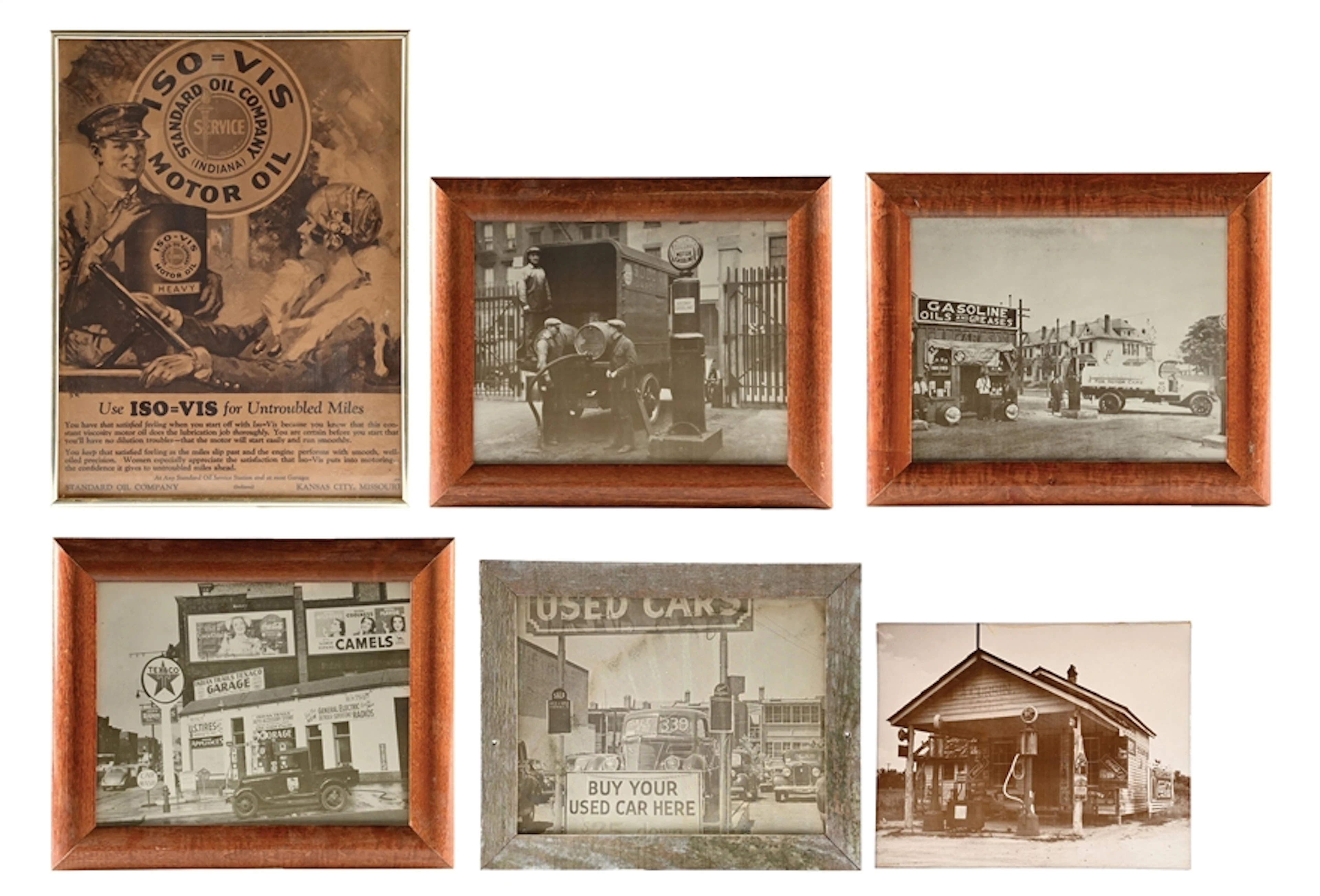 COLLECTION OF 6: SERVICE STATION FRAMED PHOTOS & ADVERTISING.